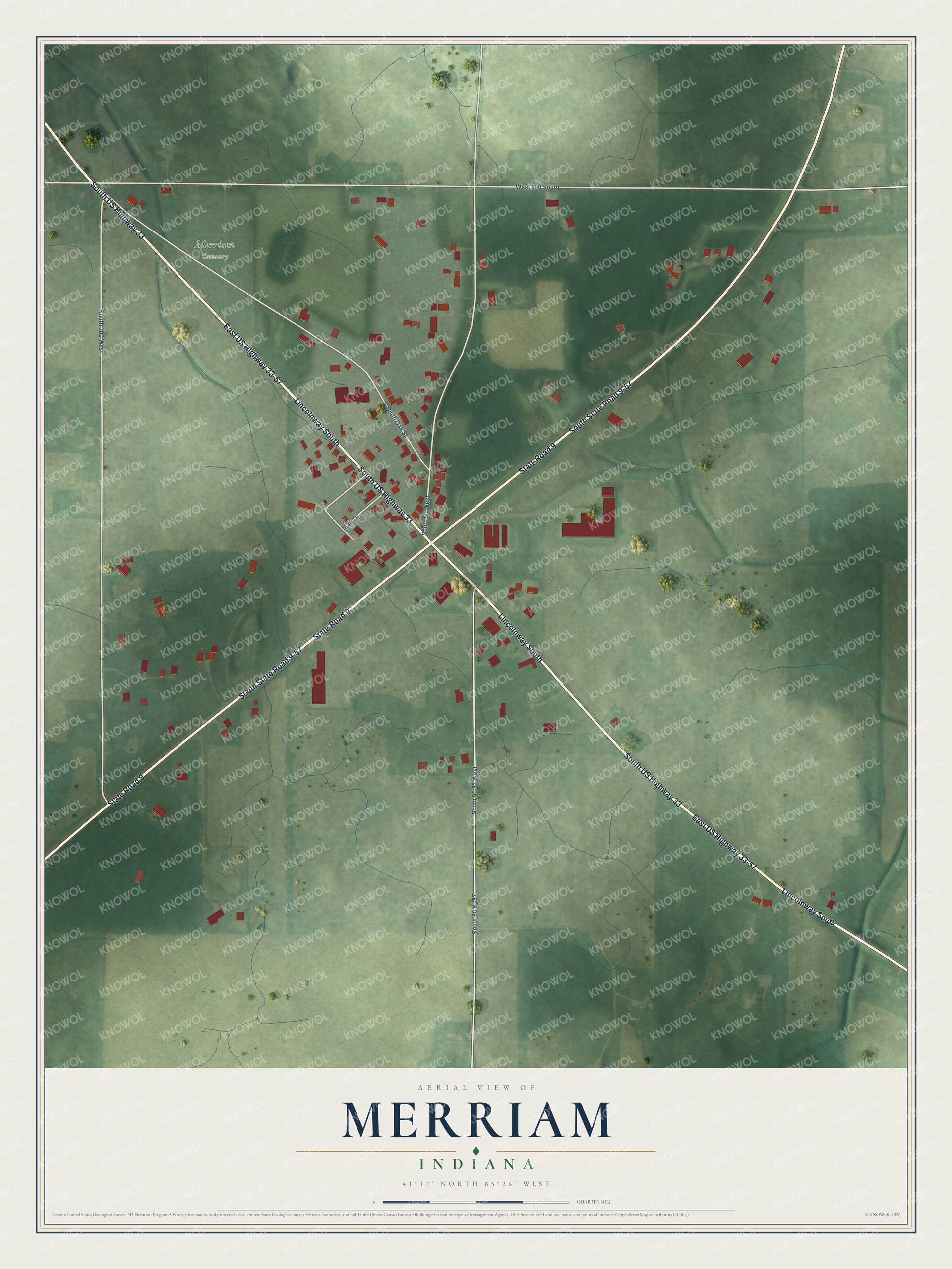 Full map of Merriam, Indiana, with red buildings, printed street names and the land around them