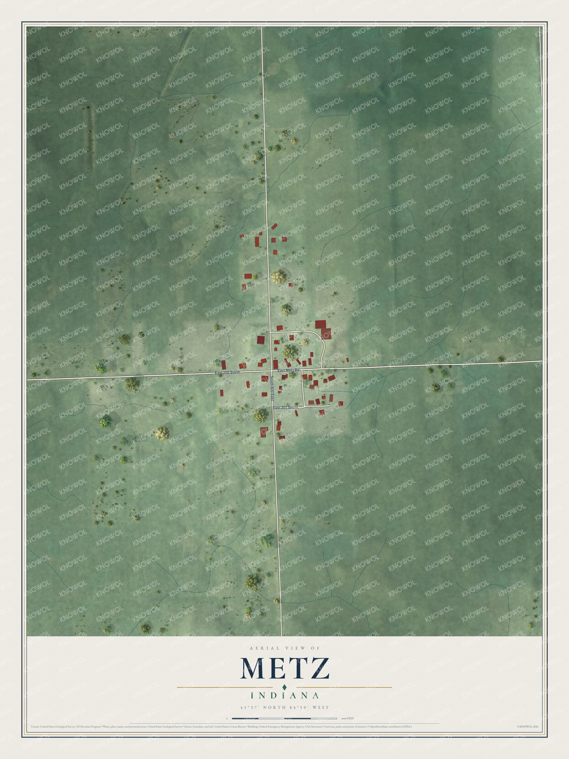 Full map of Metz, Indiana, with red buildings, printed street names and the land around them