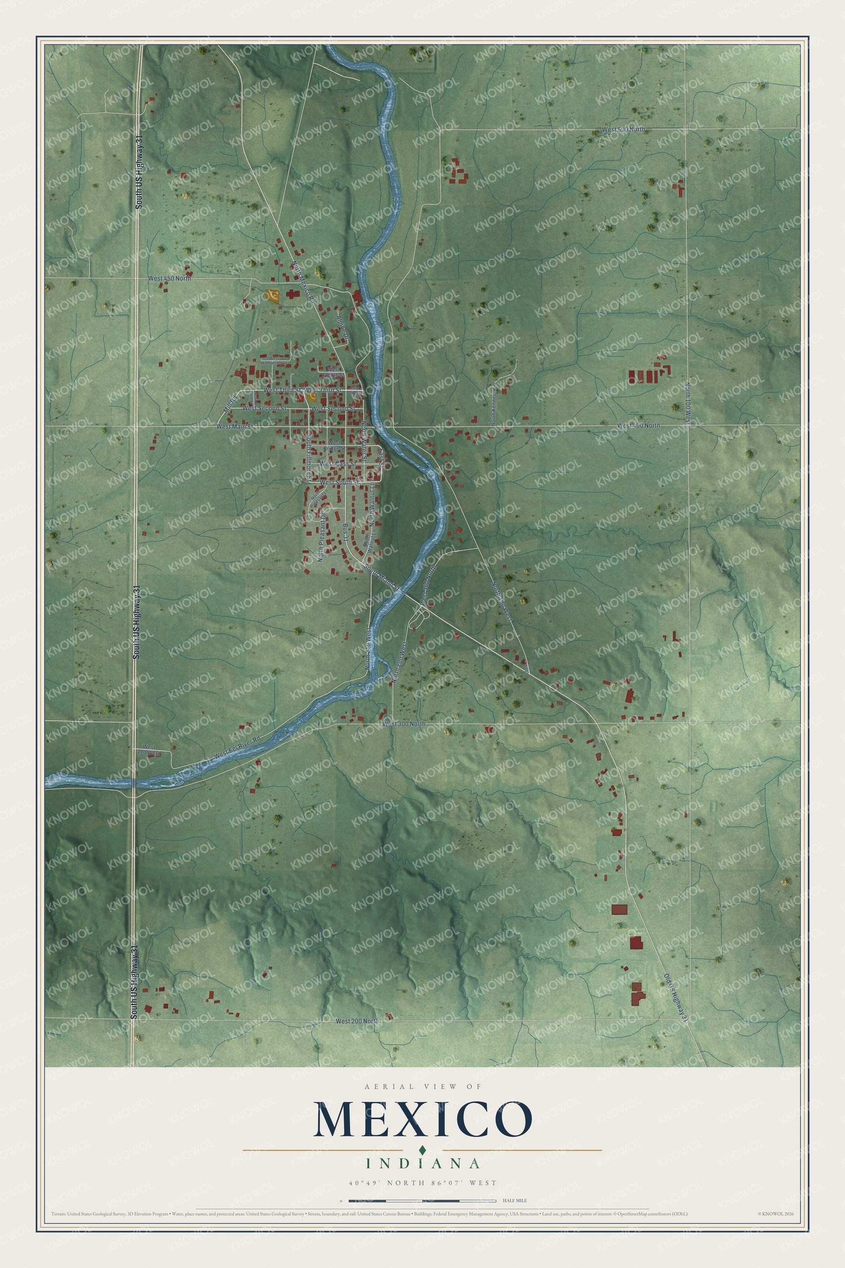 Full map of Mexico, Indiana, with red buildings, printed street names and the land around them