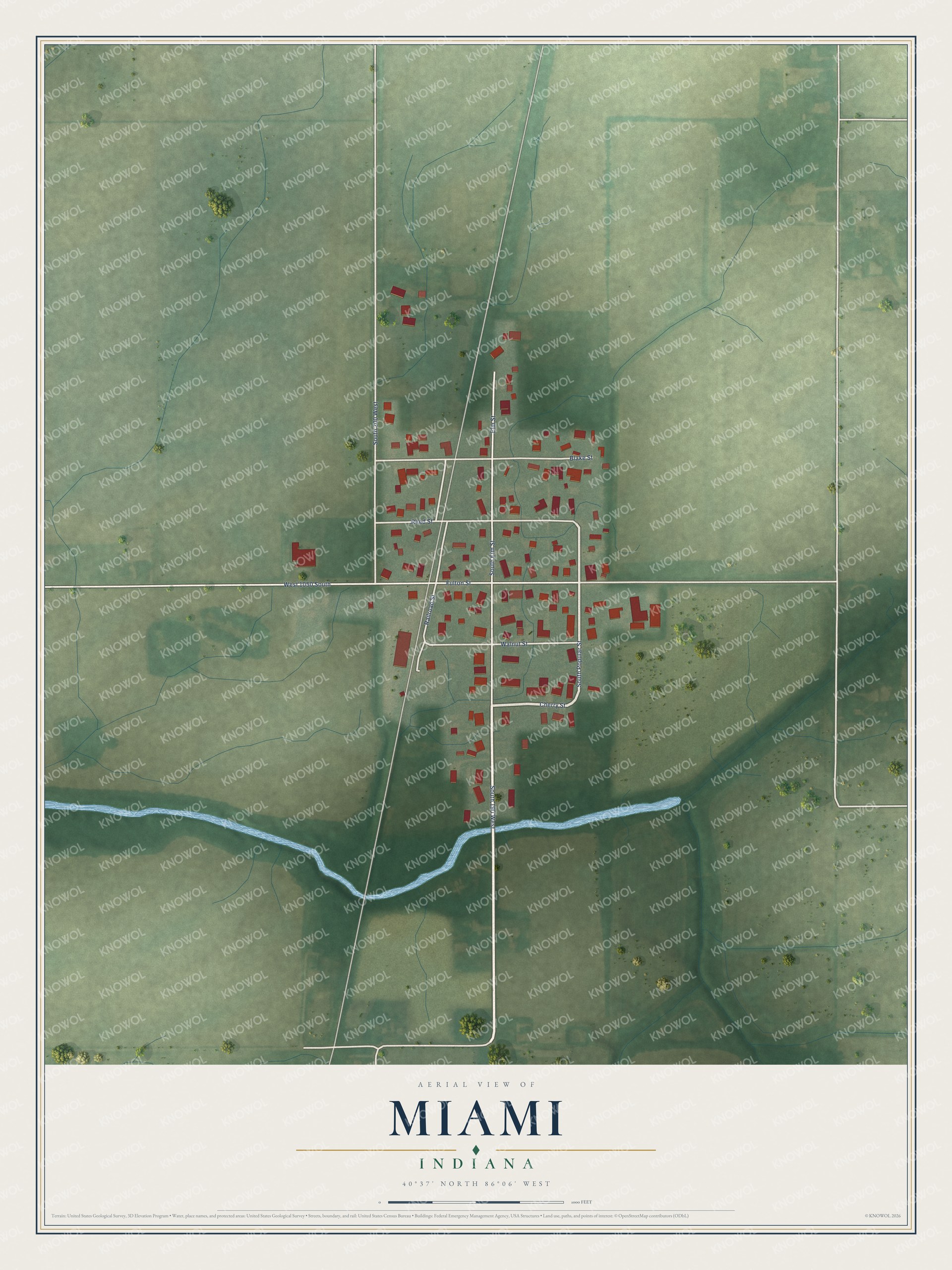 Full map of Miami, Indiana, with red buildings, printed street names and the land around them