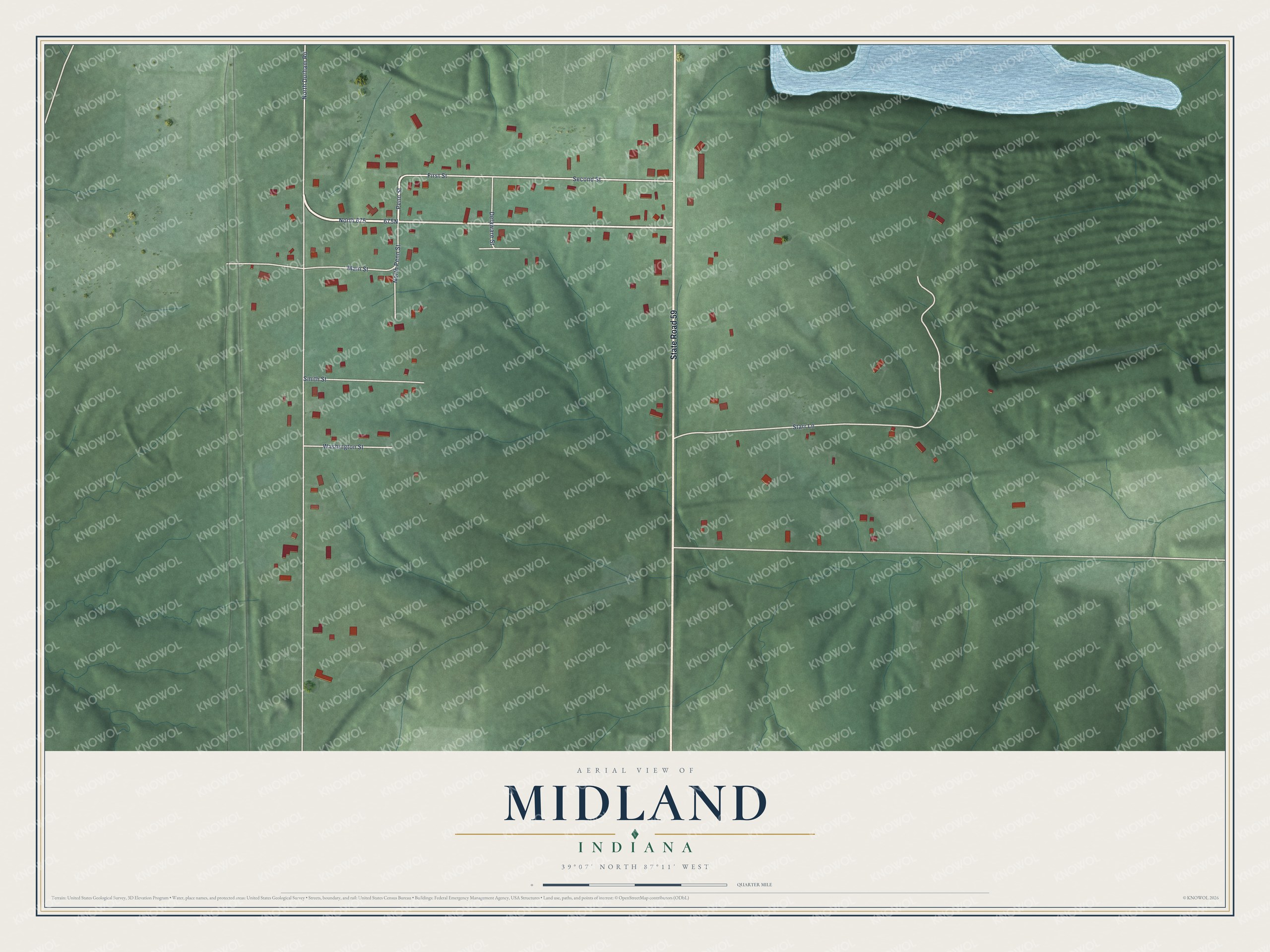 Full map of Midland, Indiana, with red buildings, printed street names and the land around them