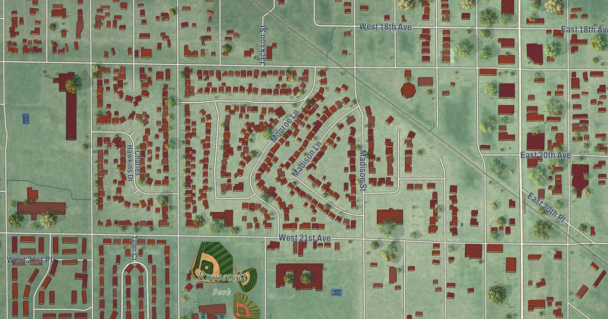 Close-up of streets and buildings in Midtown, Indiana