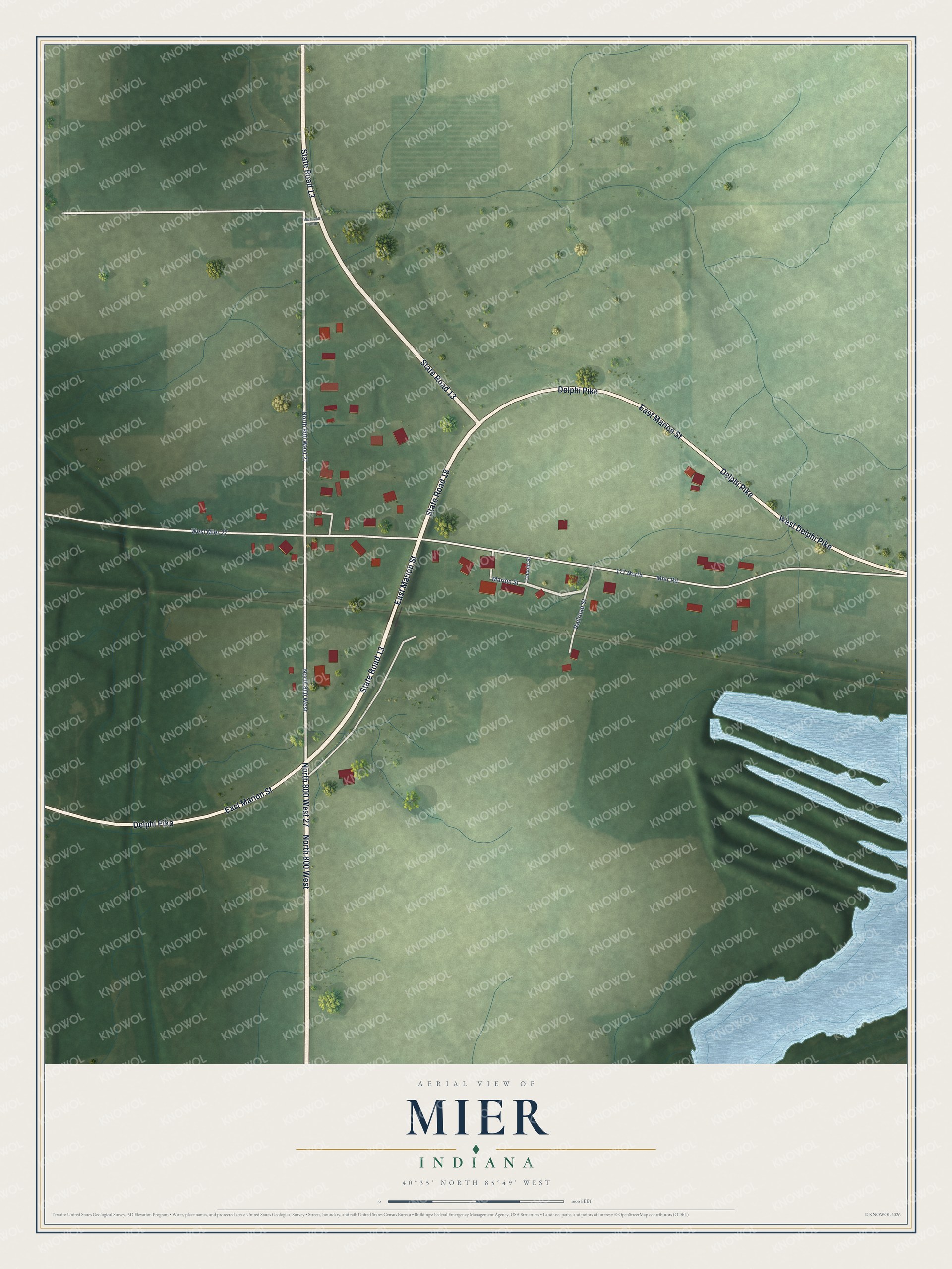 Full map of Mier, Indiana, with red buildings, printed street names and the land around them