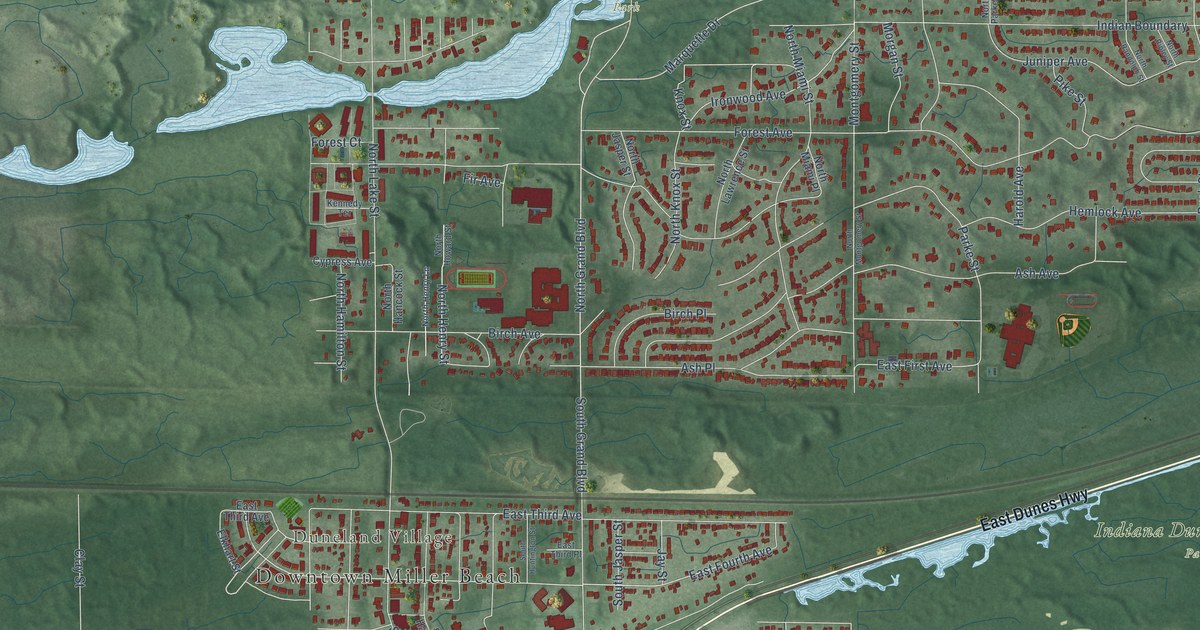 Close-up of streets and buildings in Miller, Indiana