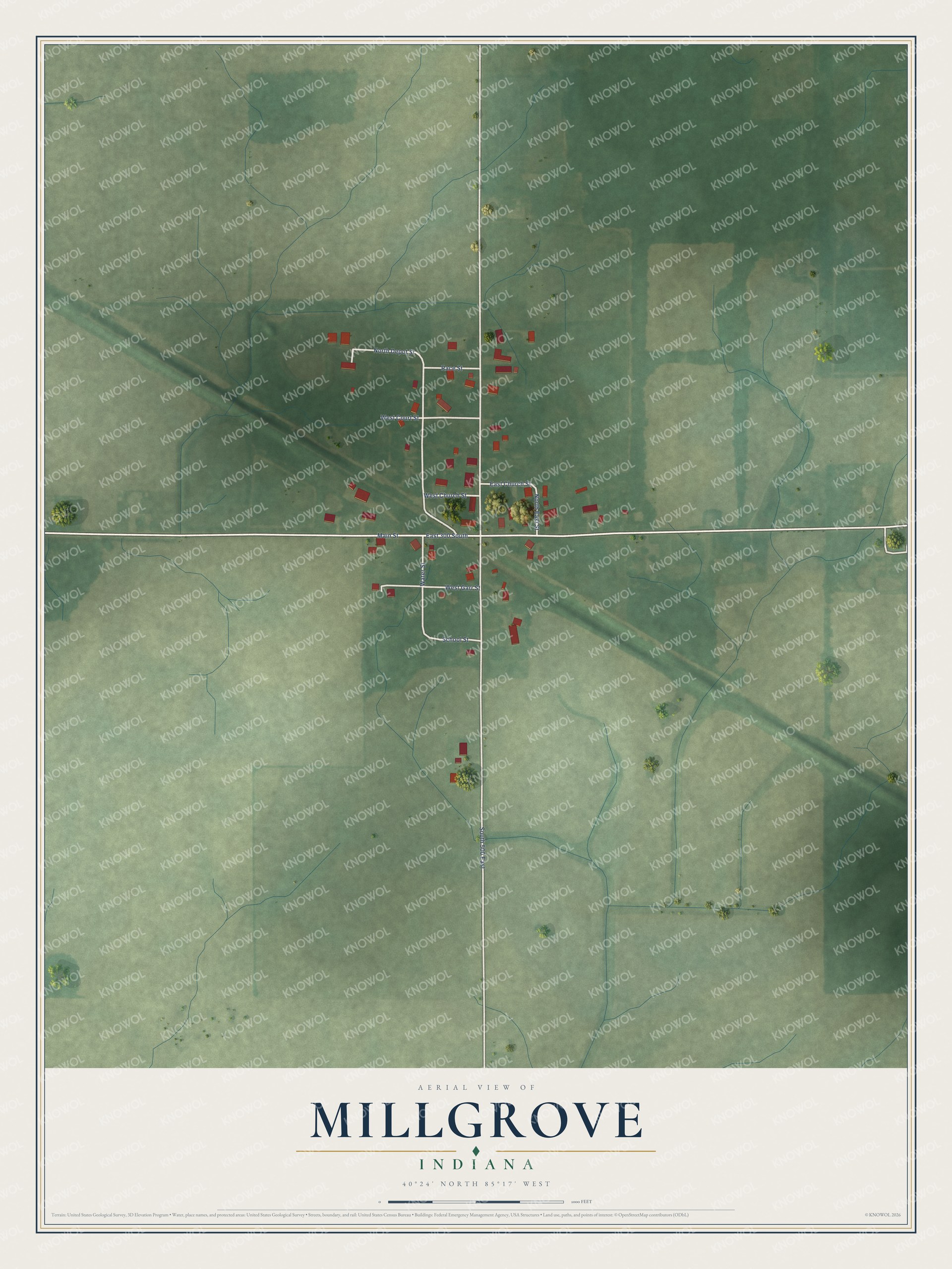 Full map of Millgrove, Indiana, with red buildings, printed street names and the land around them