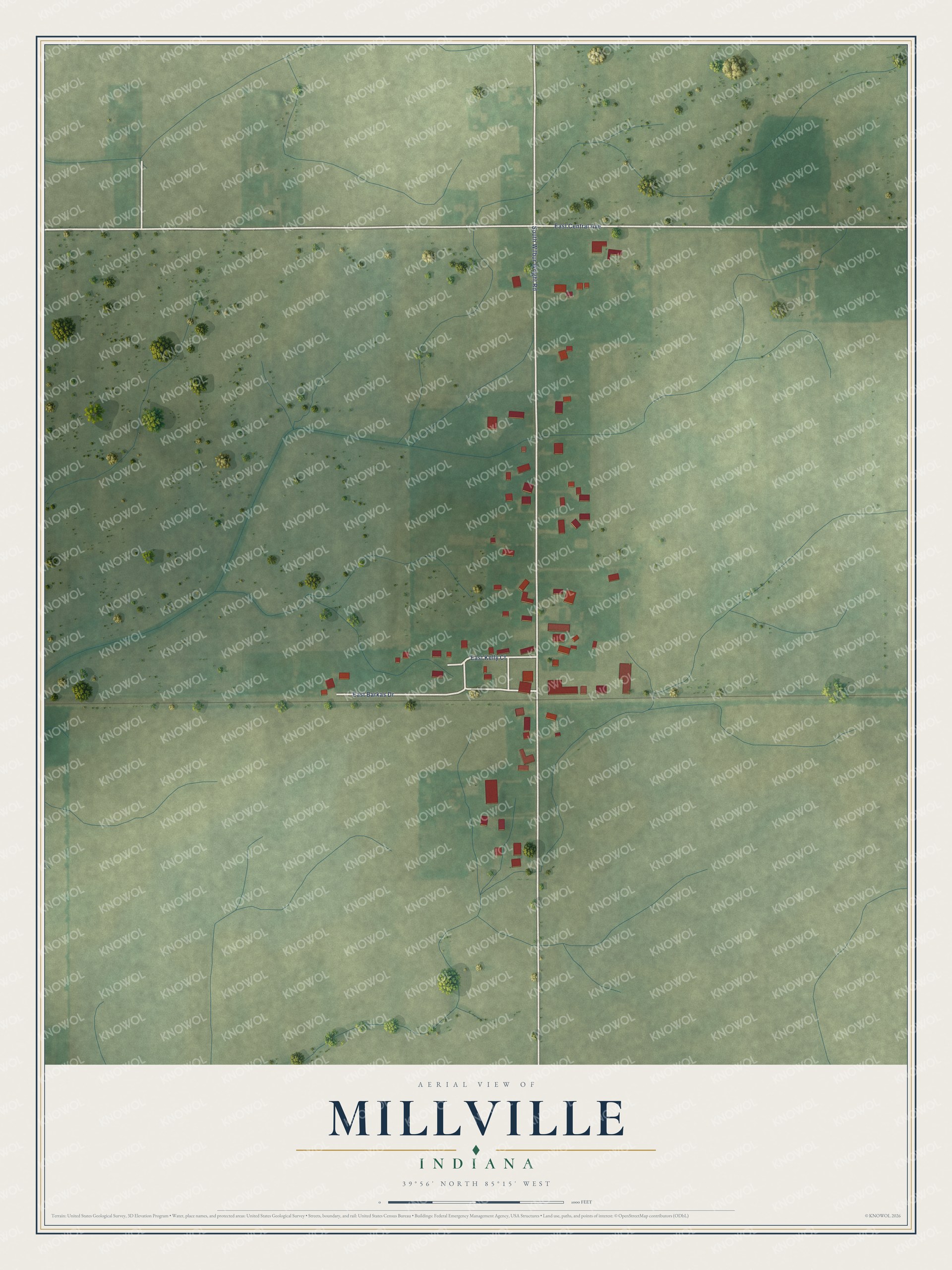 Full map of Millville, Indiana, with red buildings, printed street names and the land around them