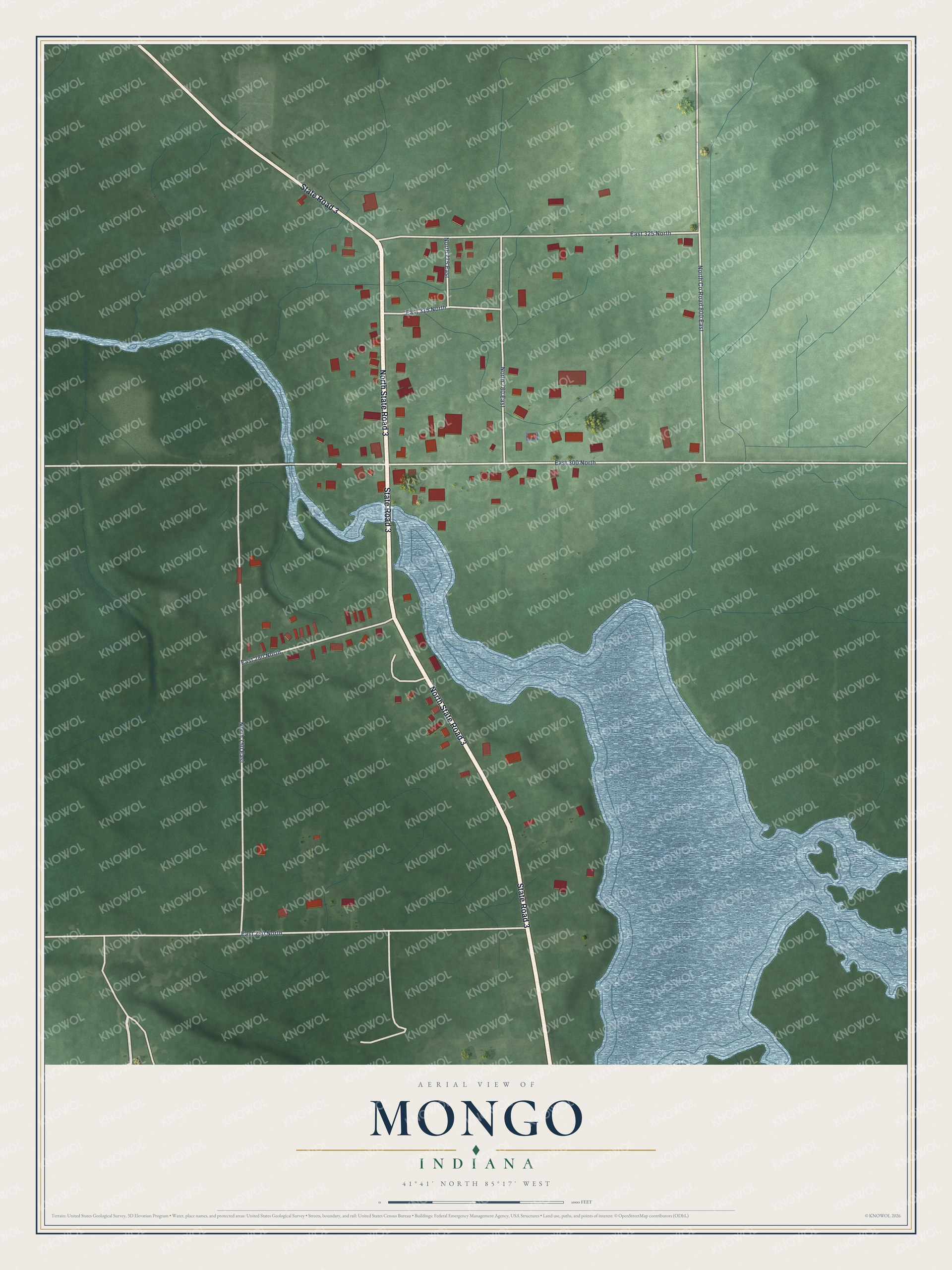 Full map of Mongo, Indiana, with red buildings, printed street names and the land around them