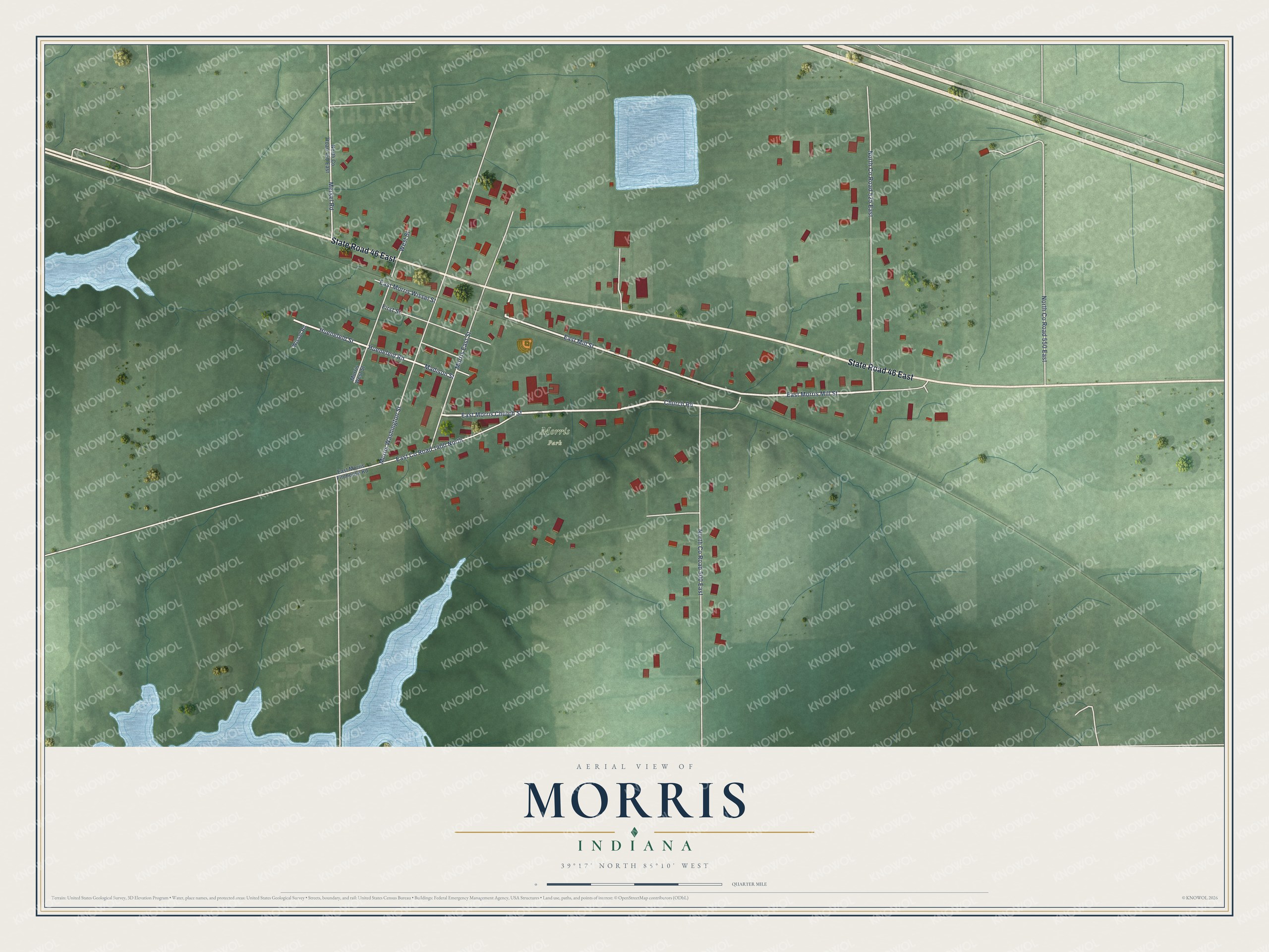 Full map of Morris, Indiana, with red buildings, printed street names and the land around them
