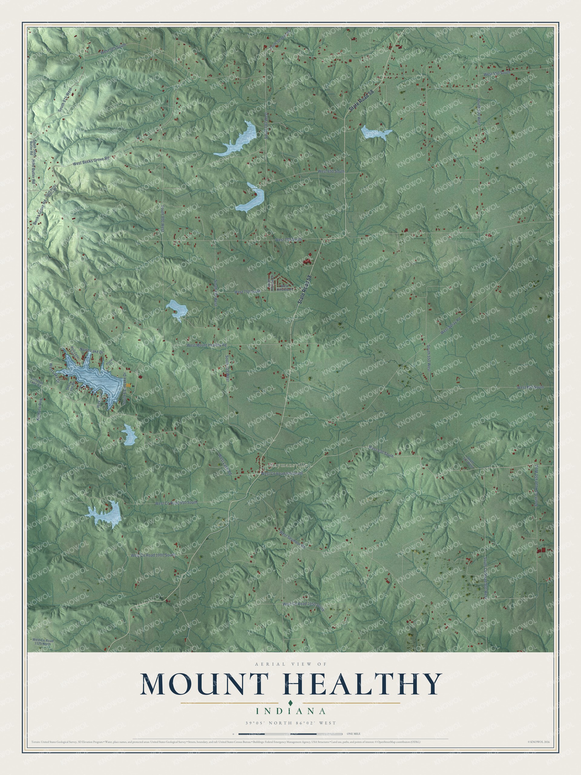 Full map of Mount Healthy, Indiana, with red buildings, printed street names and the land around them