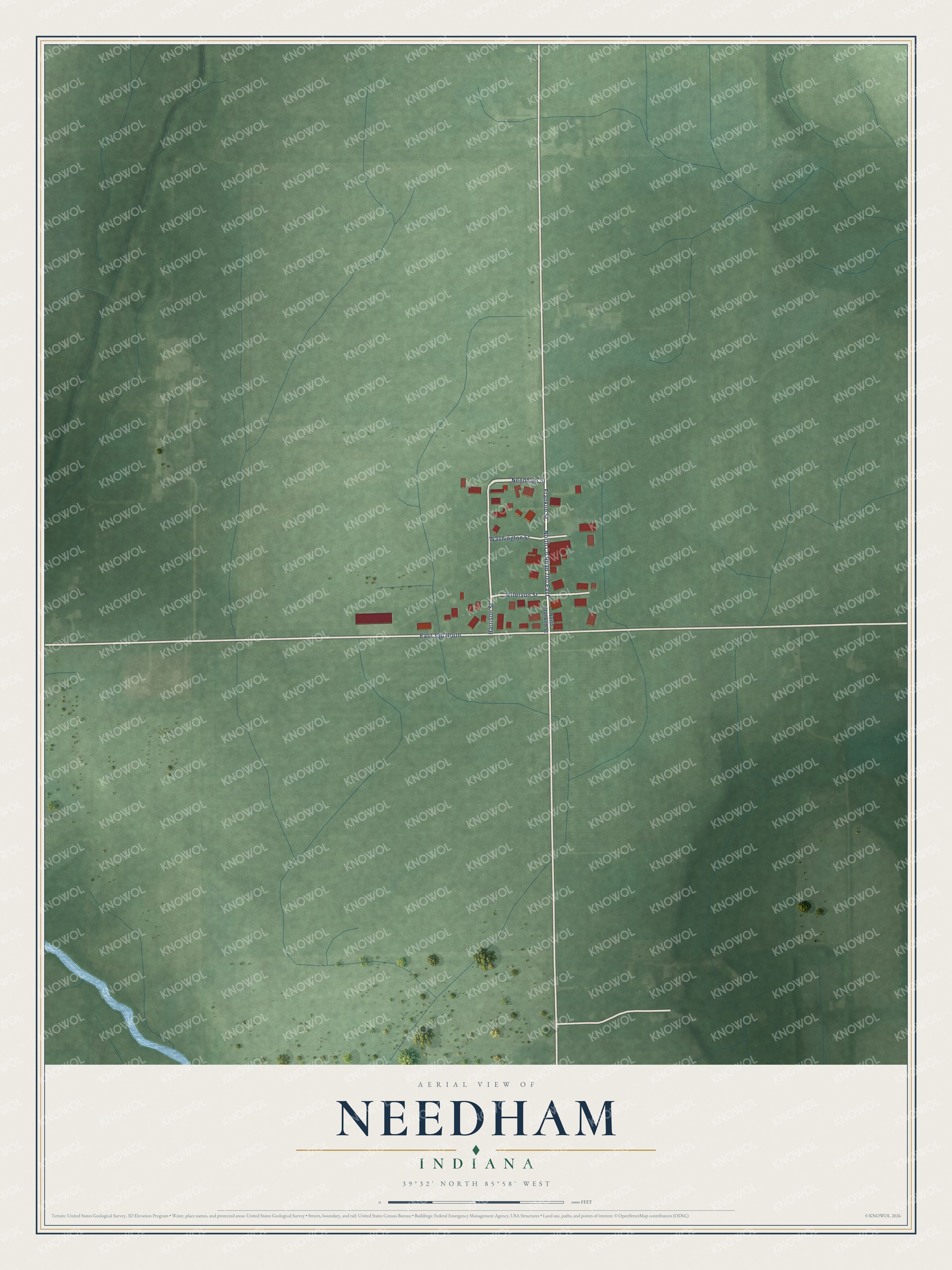 Full map of Needham, Indiana, with red buildings, printed street names and the land around them