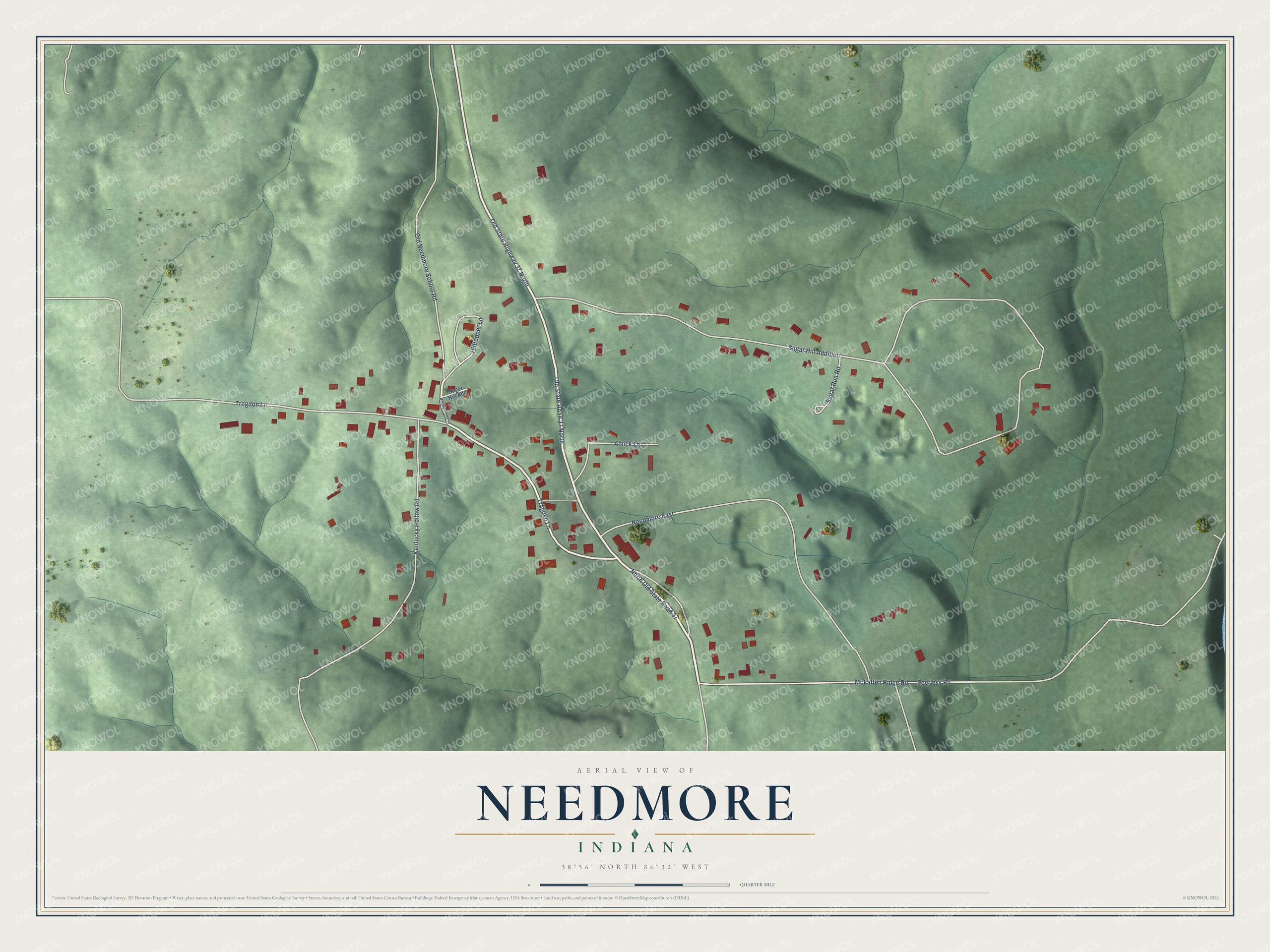 Full map of Needmore, Indiana, with red buildings, printed street names and the land around them