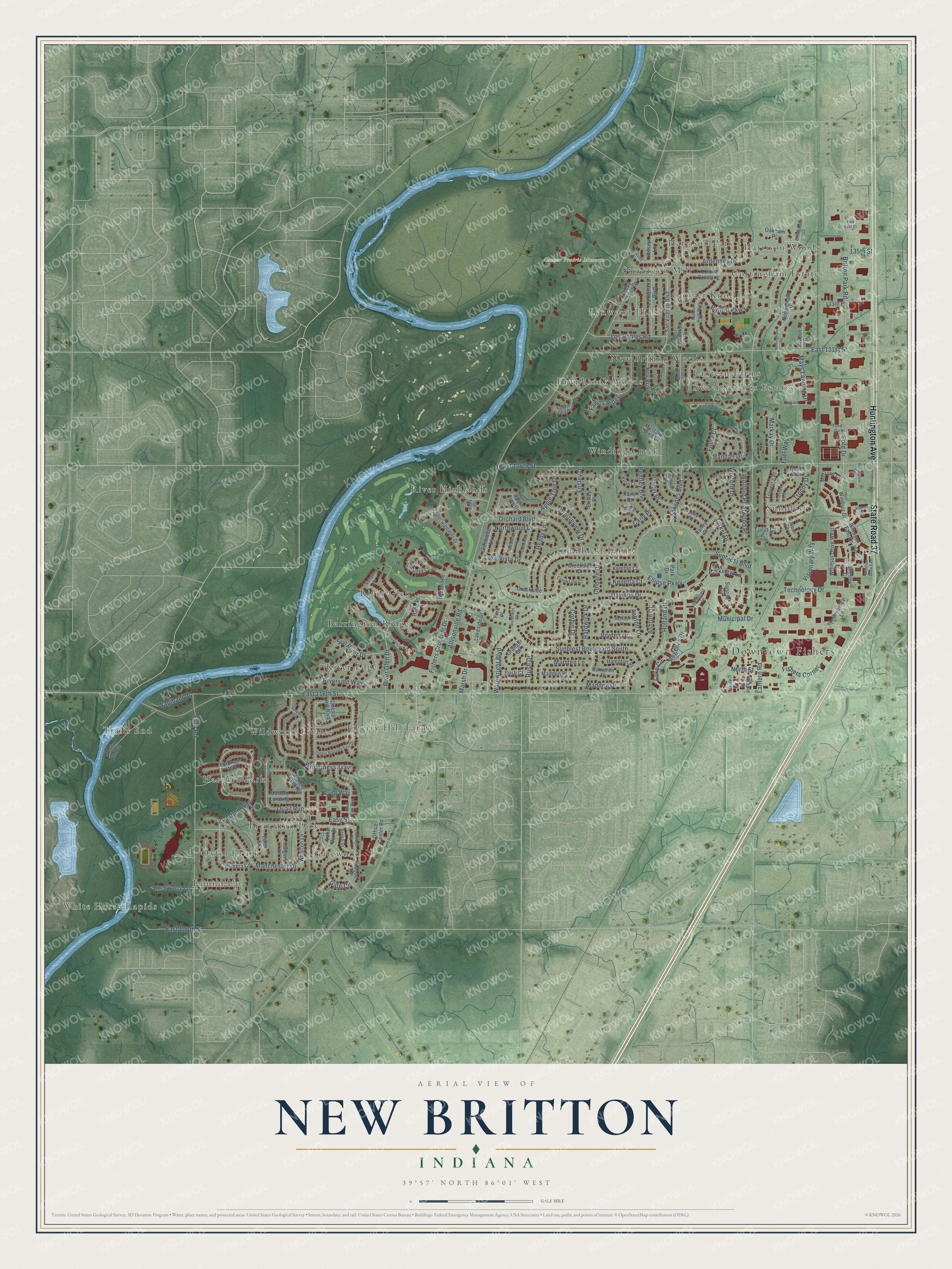 Full map of New Britton, Indiana, with red buildings, printed street names and the land around them