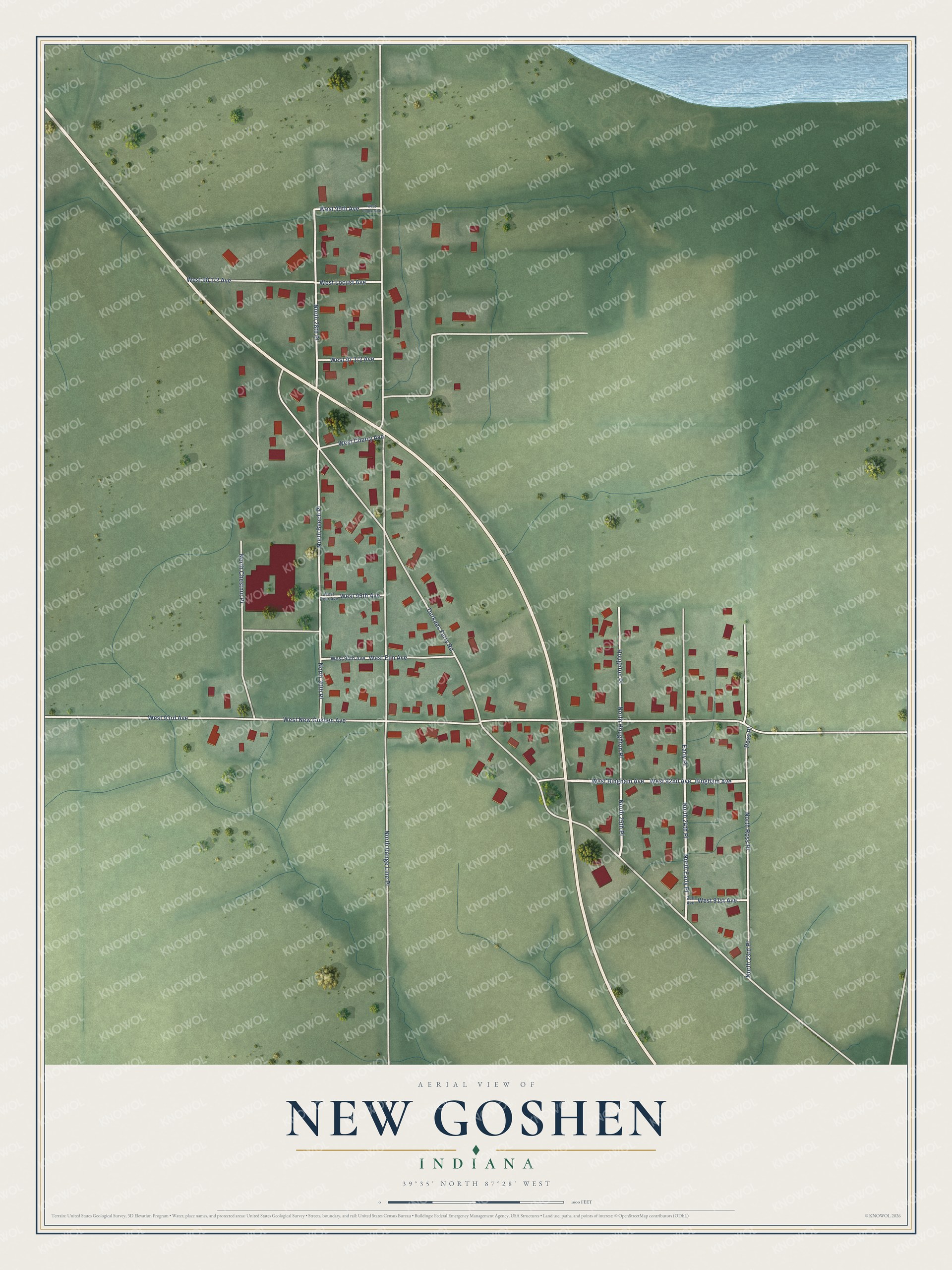Full map of New Goshen, Indiana, with red buildings, printed street names and the land around them
