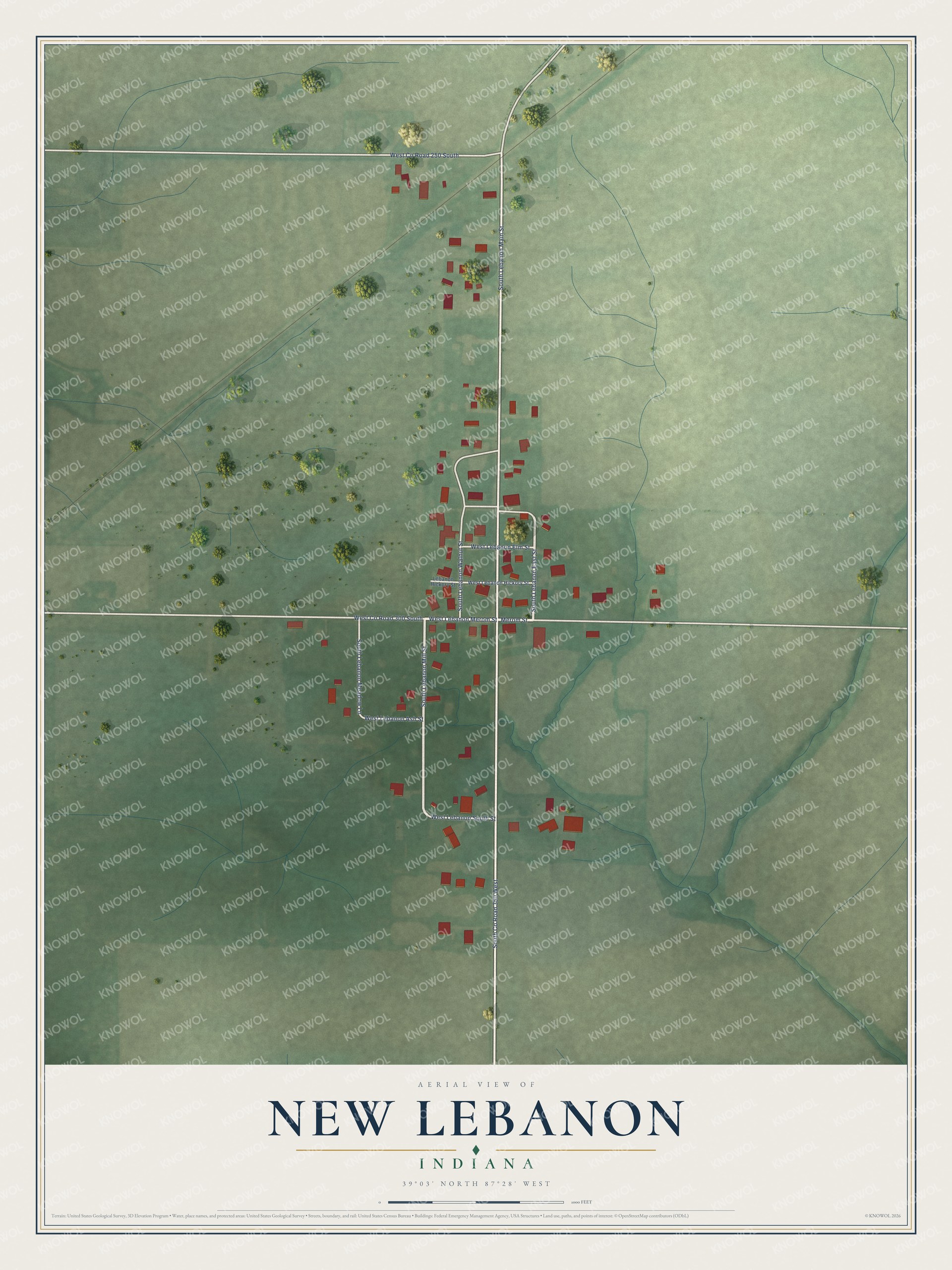 Full map of New Lebanon, Indiana, with red buildings, printed street names and the land around them