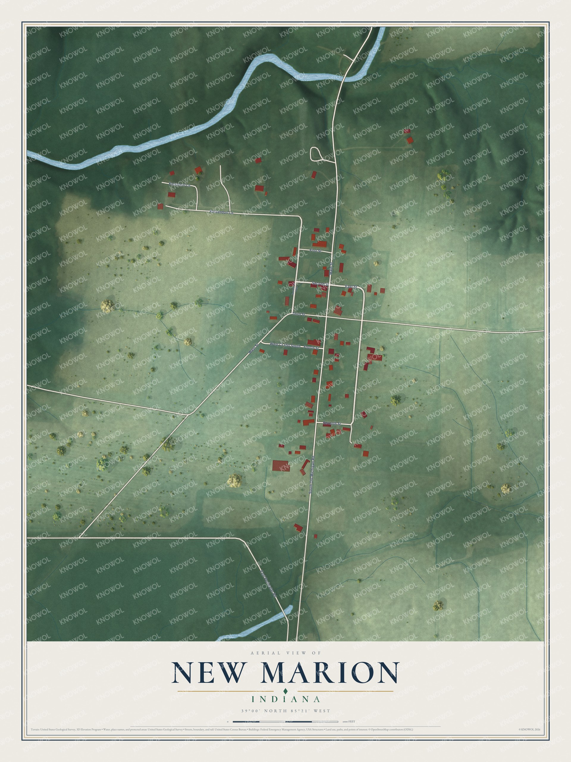 Full map of New Marion, Indiana, with red buildings, printed street names and the land around them