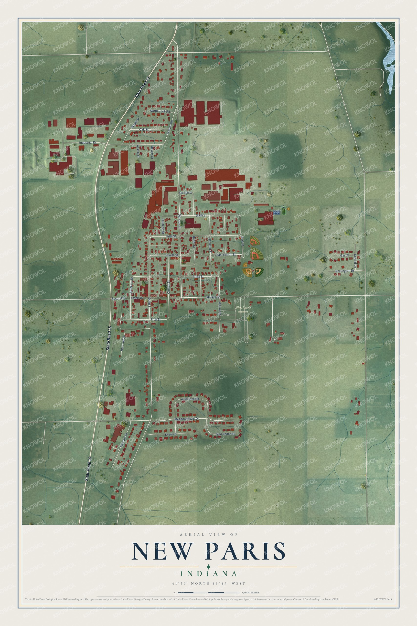 Full map of New Paris, Indiana, with red buildings, printed street names and the land around them