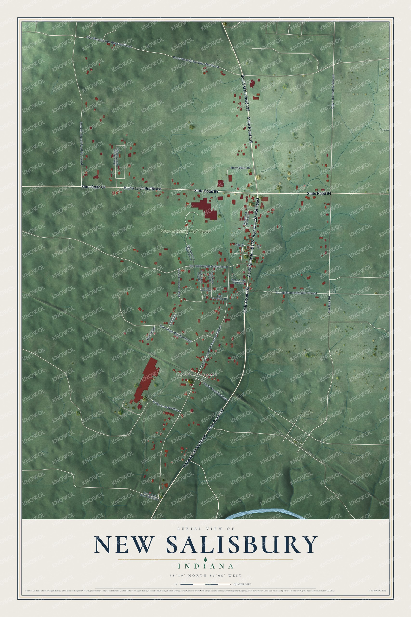 Full map of New Salisbury, Indiana, with red buildings, printed street names and the land around them
