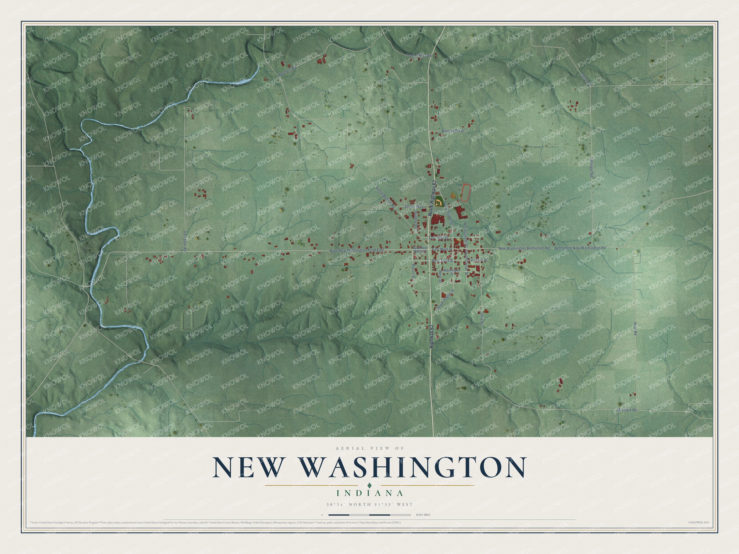 Full map of New Washington, Indiana, with red buildings, printed street names and the land around them