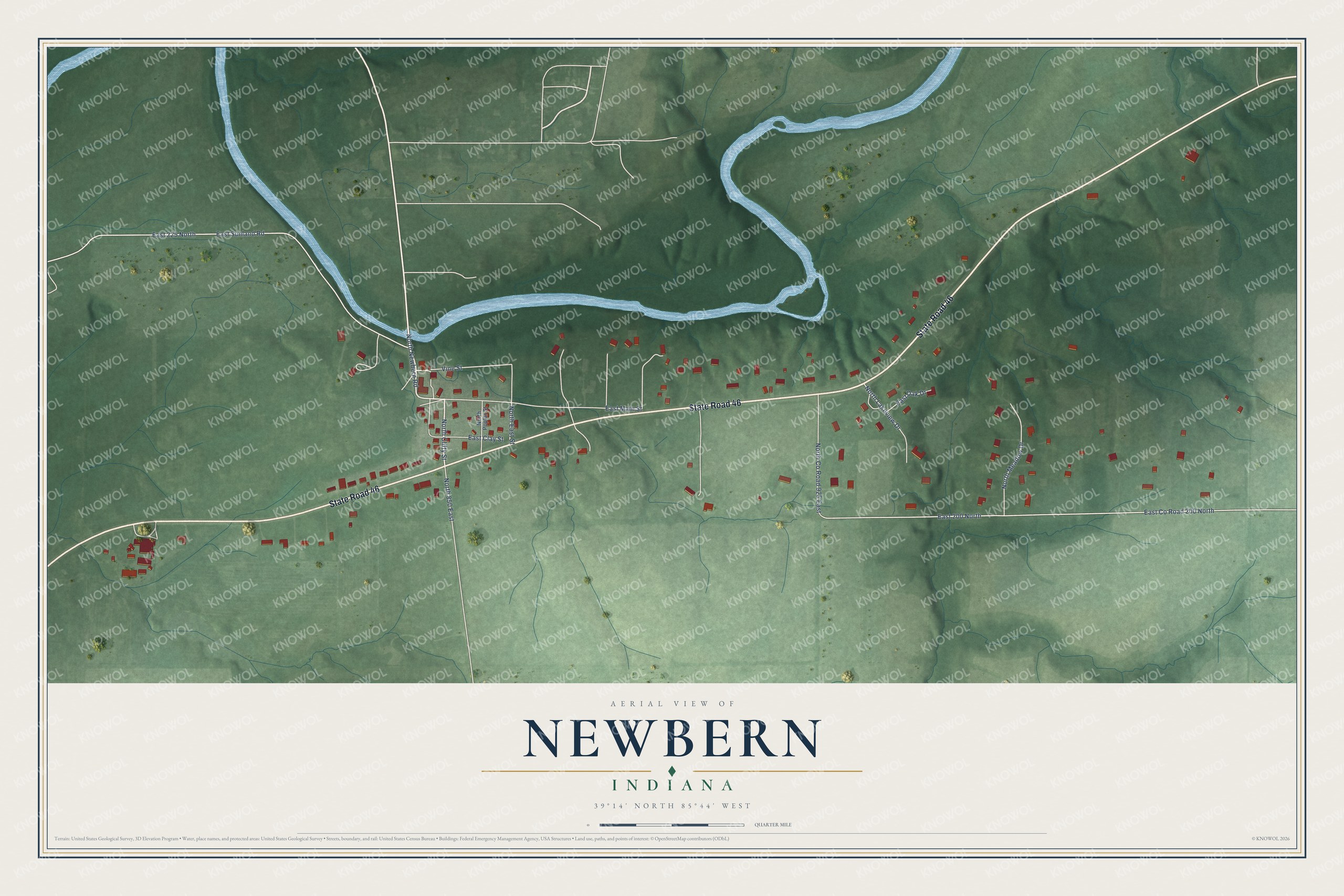 Full map of Newbern, Indiana, with red buildings, printed street names and the land around them