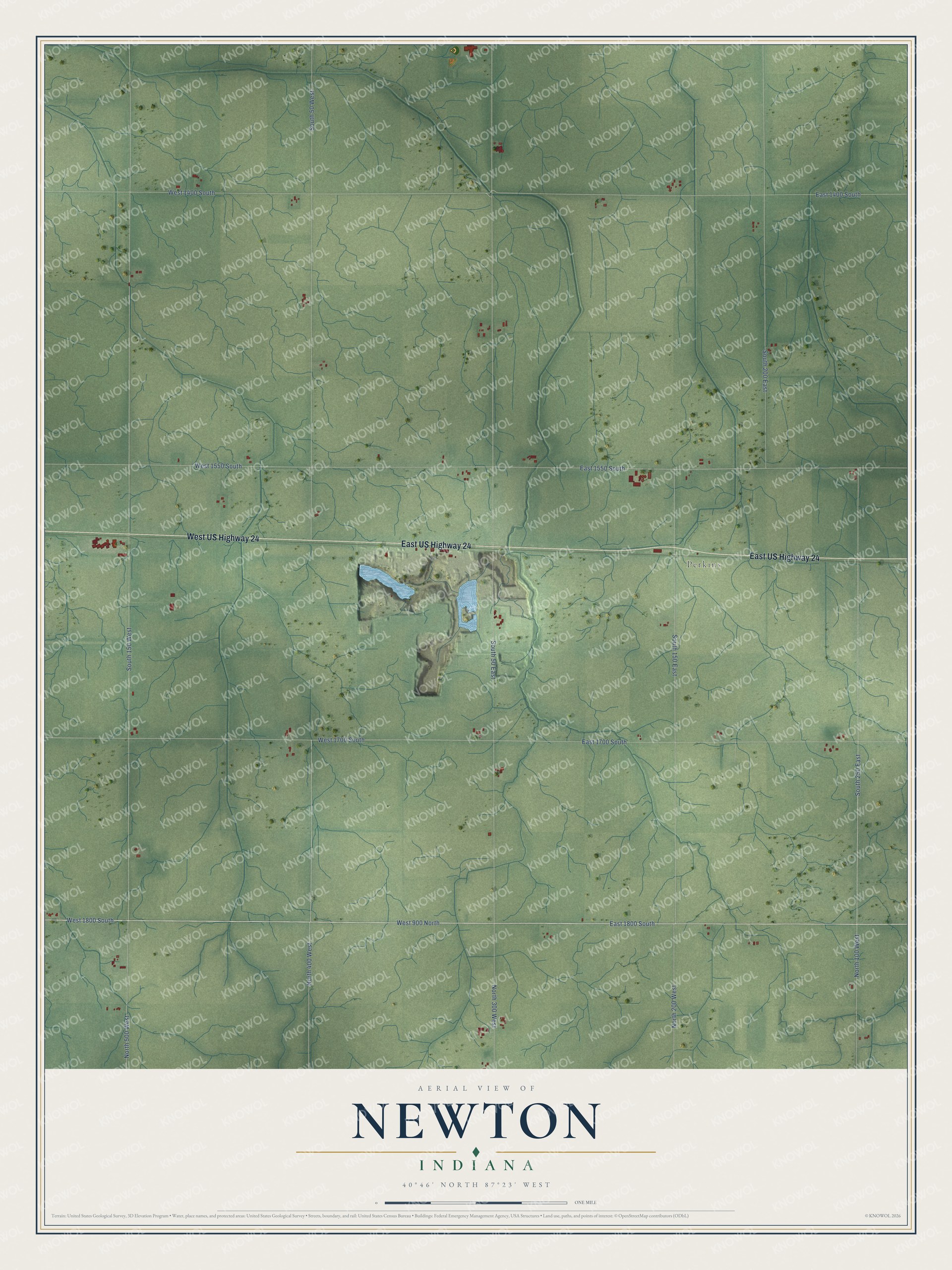 Full map of Newton, Indiana, with red buildings, printed street names and the land around them