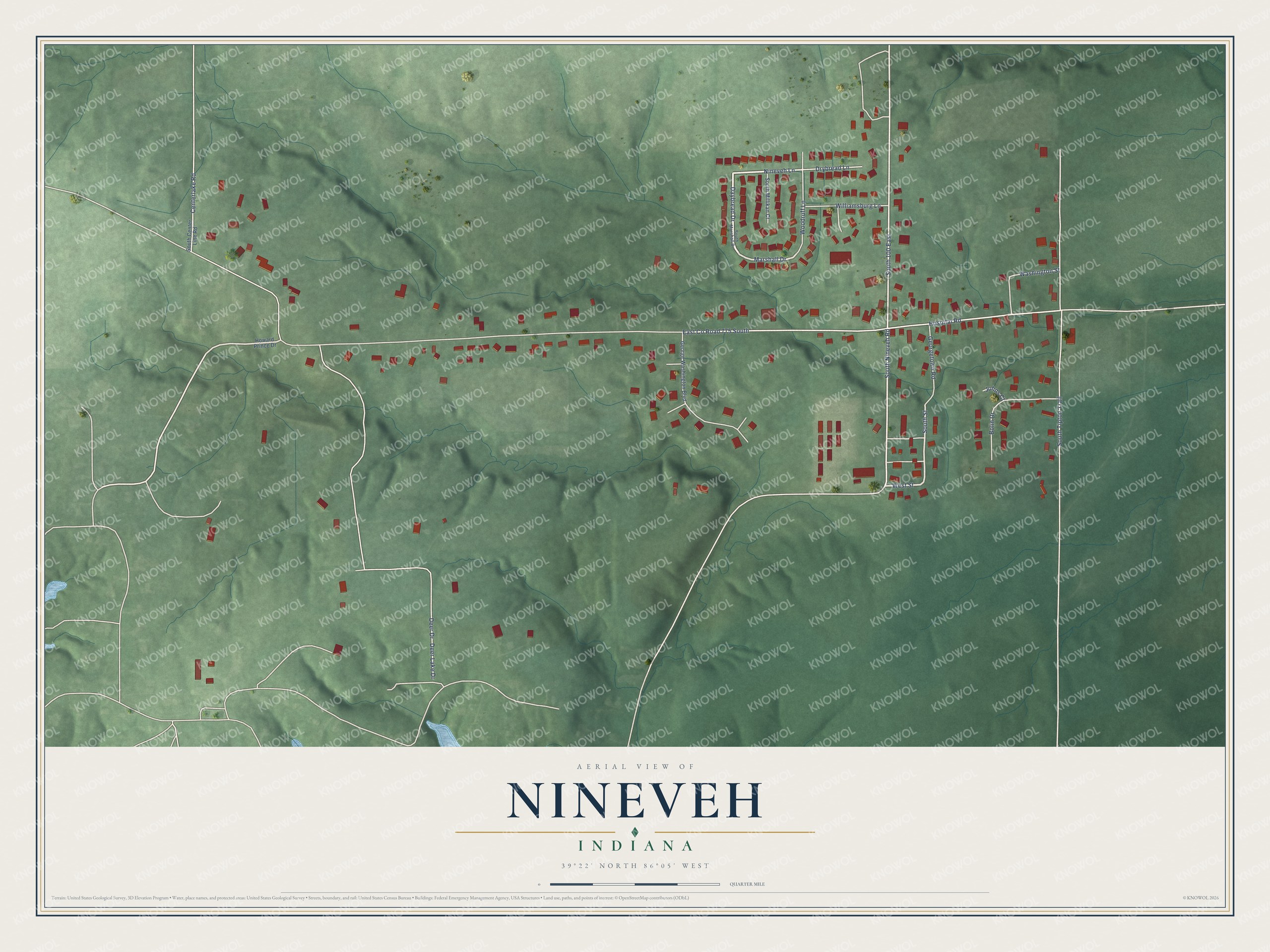 Full map of Nineveh, Indiana, with red buildings, printed street names and the land around them