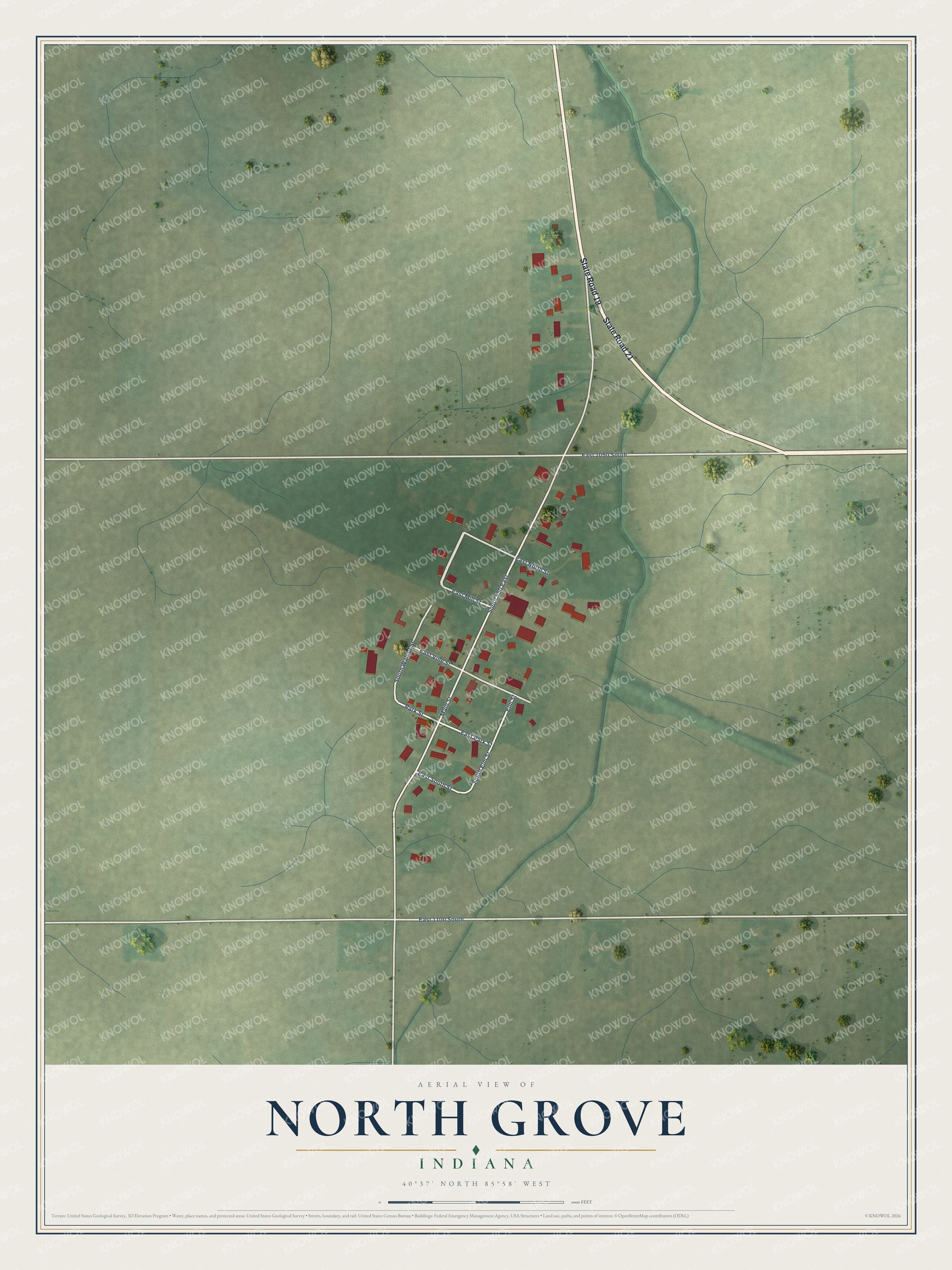 Full map of North Grove, Indiana, with red buildings, printed street names and the land around them