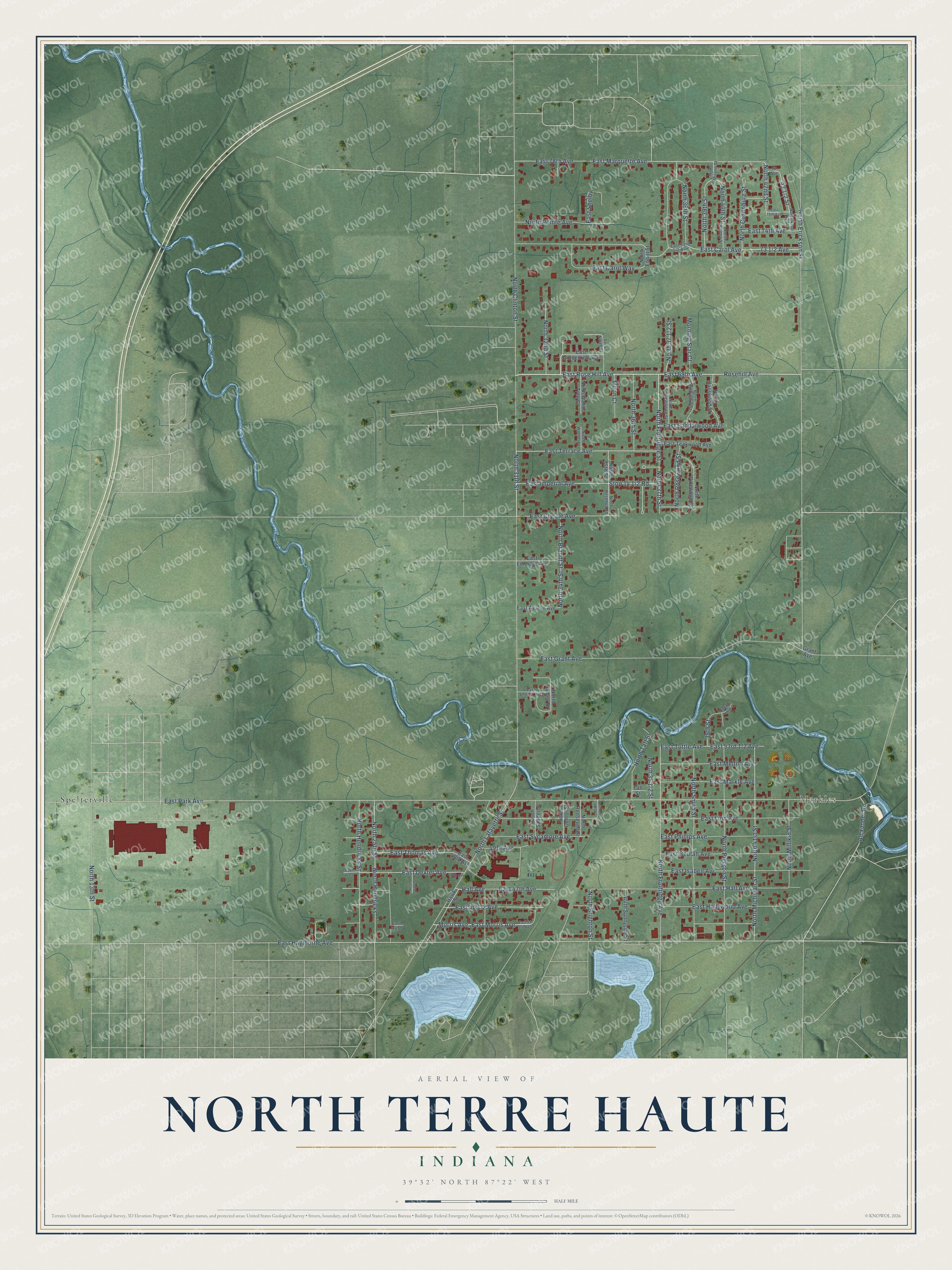 Full map of North Terre Haute, Indiana, with red buildings, printed street names and the land around them