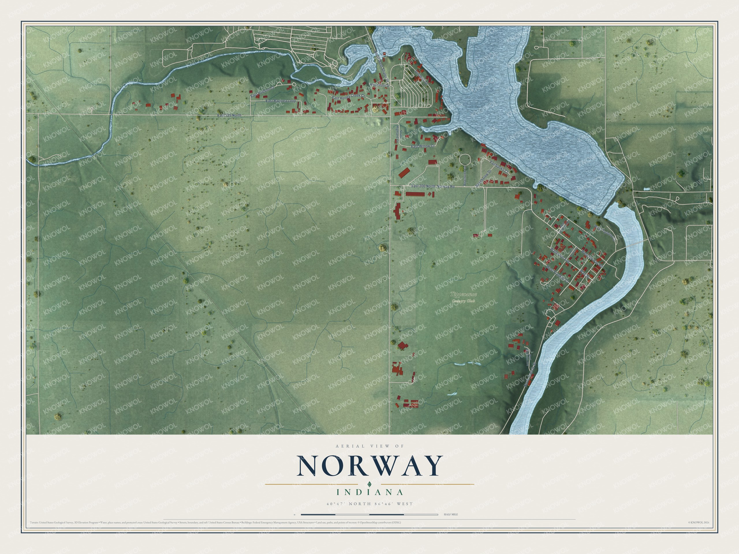 Full map of Norway, Indiana, with red buildings, printed street names and the land around them