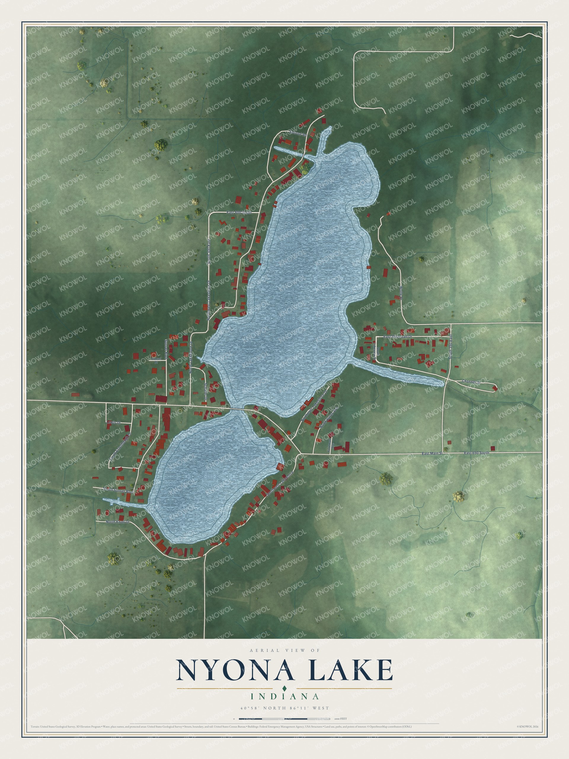 Full map of Nyona Lake, Indiana, with red buildings, printed street names and the land around them
