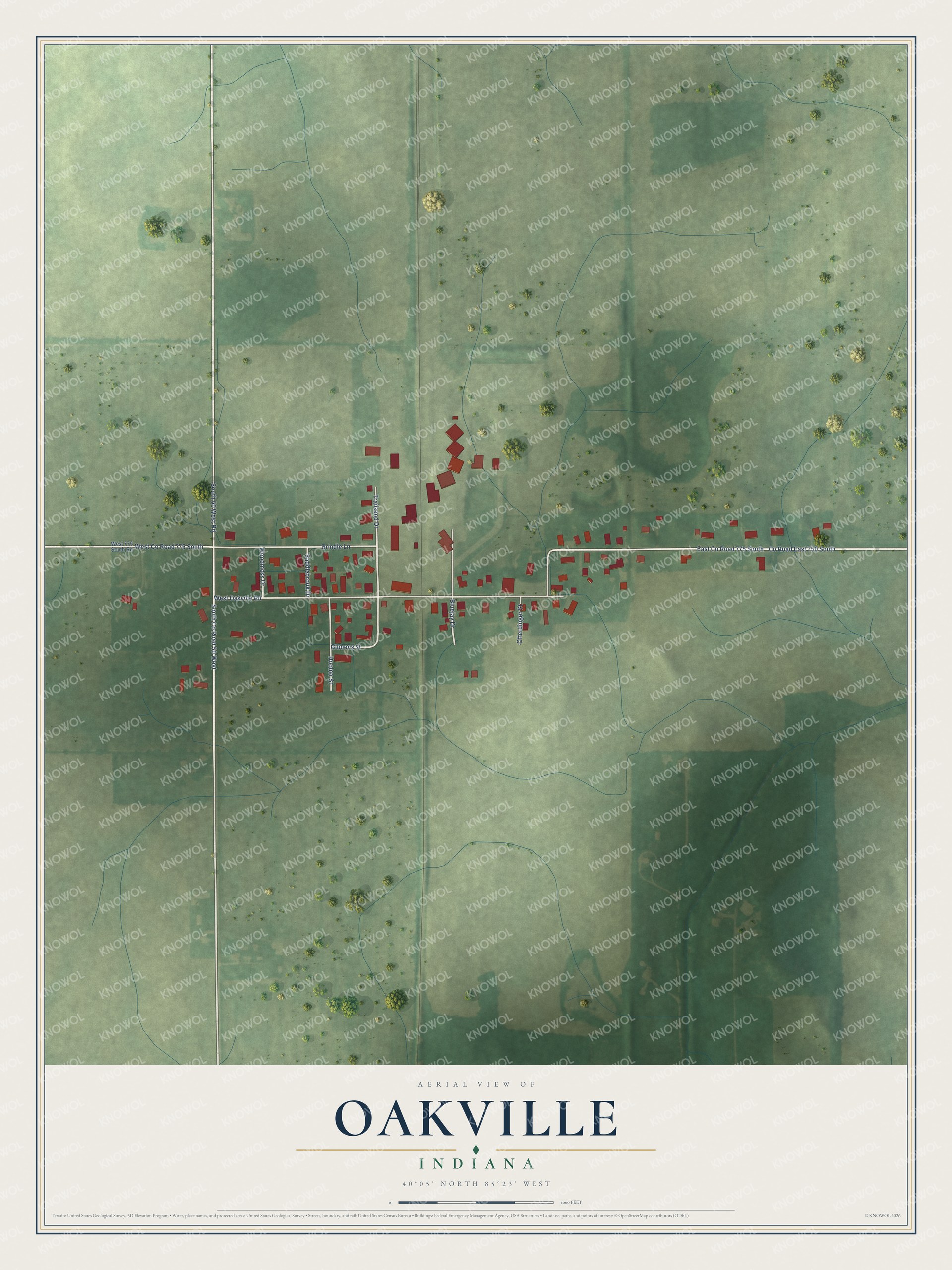Full map of Oakville, Indiana, with red buildings, printed street names and the land around them