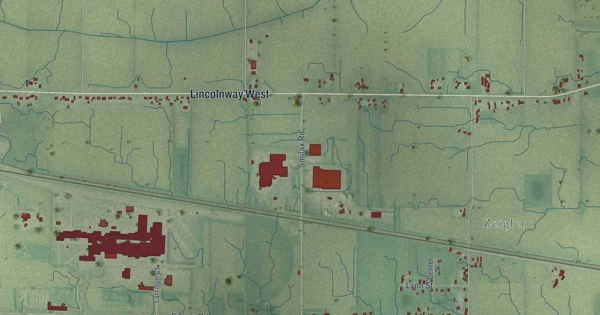 Close-up of streets and buildings in Olive, Indiana
