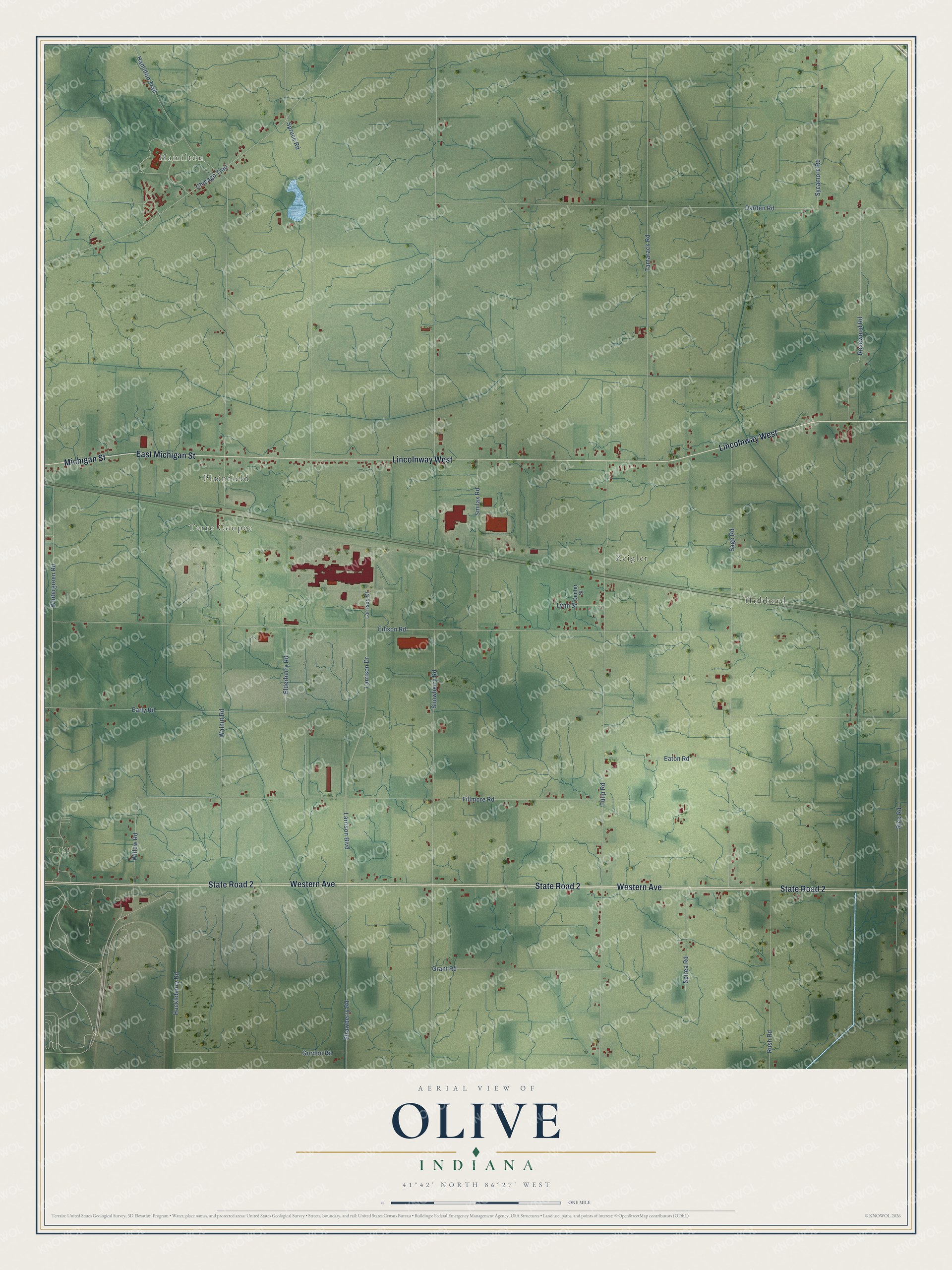 Full map of Olive, Indiana, with red buildings, printed street names and the land around them