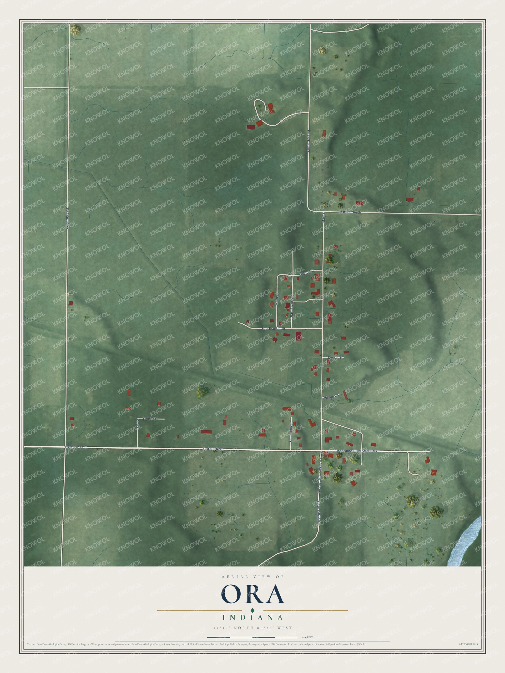Full map of Ora, Indiana, with red buildings, printed street names and the land around them
