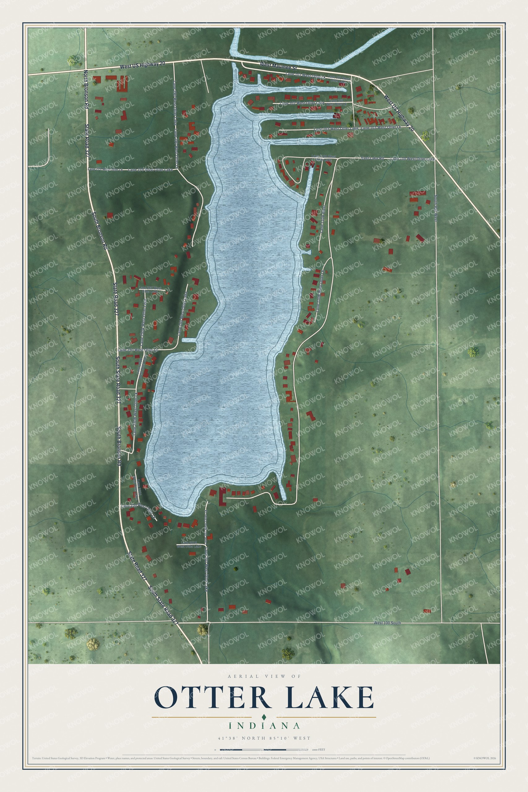 Full map of Otter Lake, Indiana, with red buildings, printed street names and the land around them