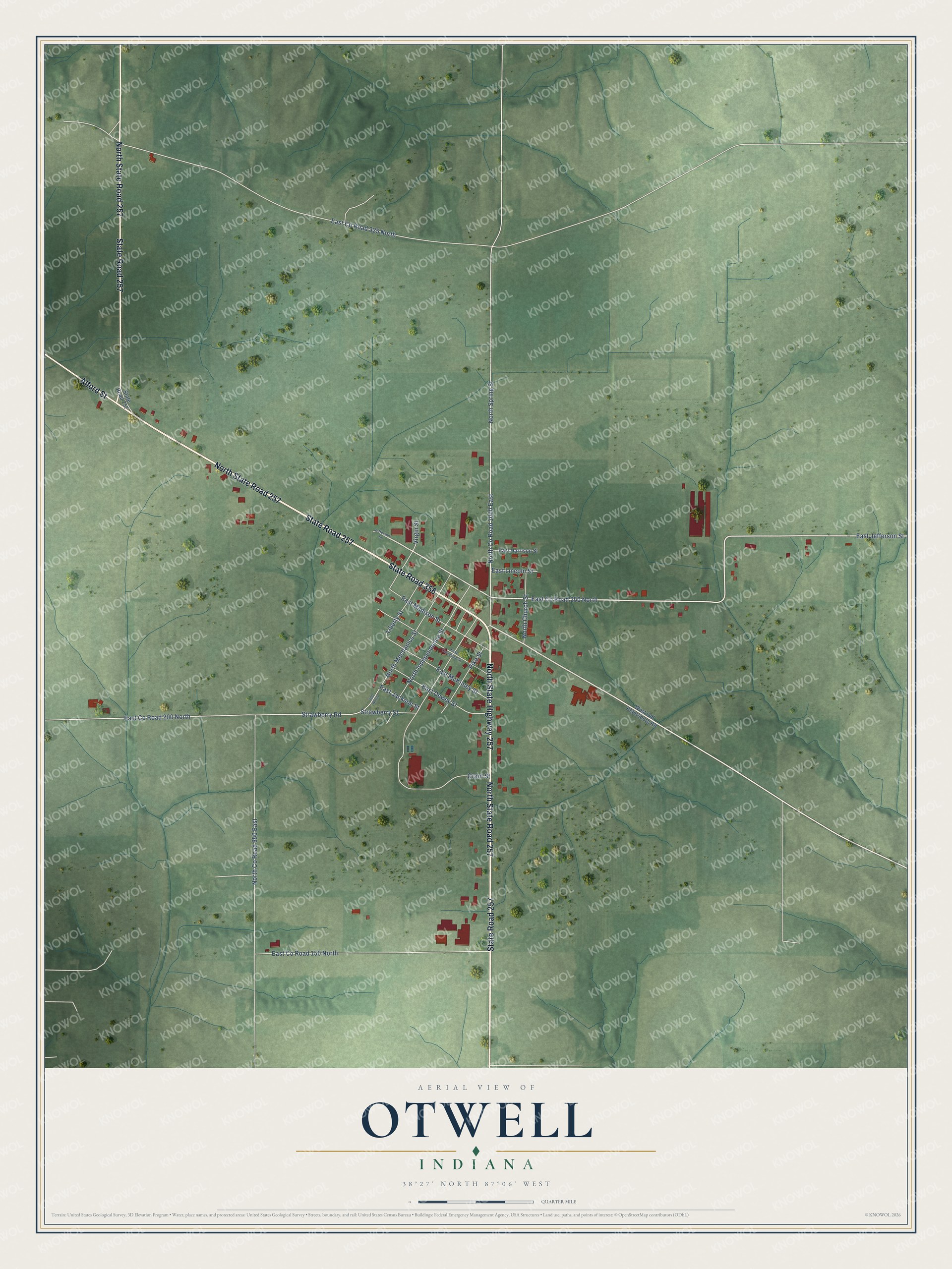 Full map of Otwell, Indiana, with red buildings, printed street names and the land around them