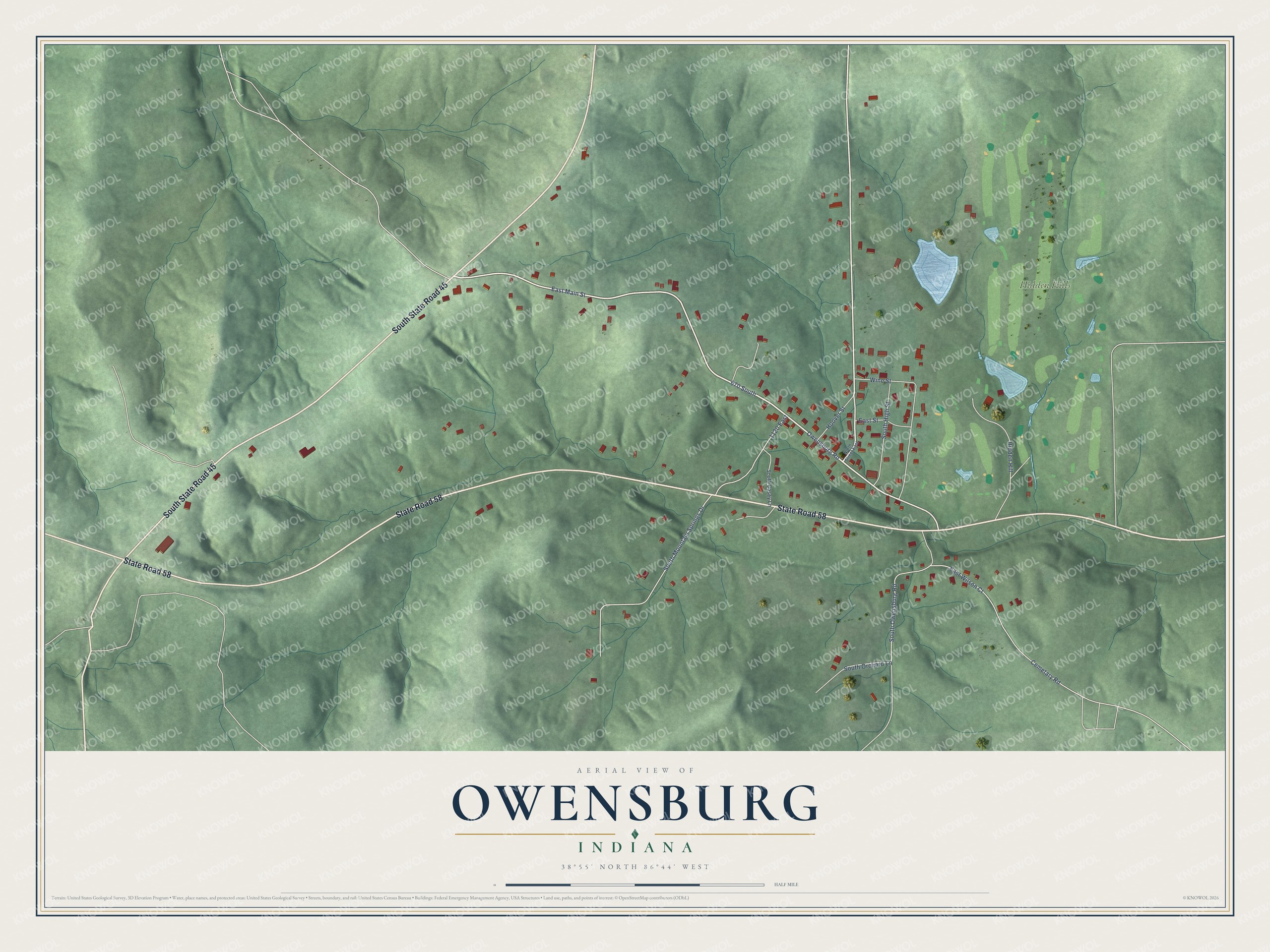 Full map of Owensburg, Indiana, with red buildings, printed street names and the land around them