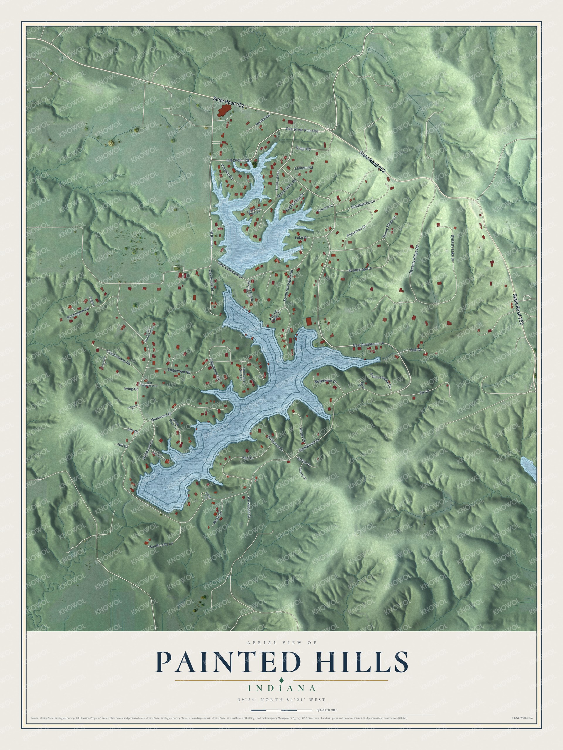 Full map of Painted Hills, Indiana, with red buildings, printed street names and the land around them