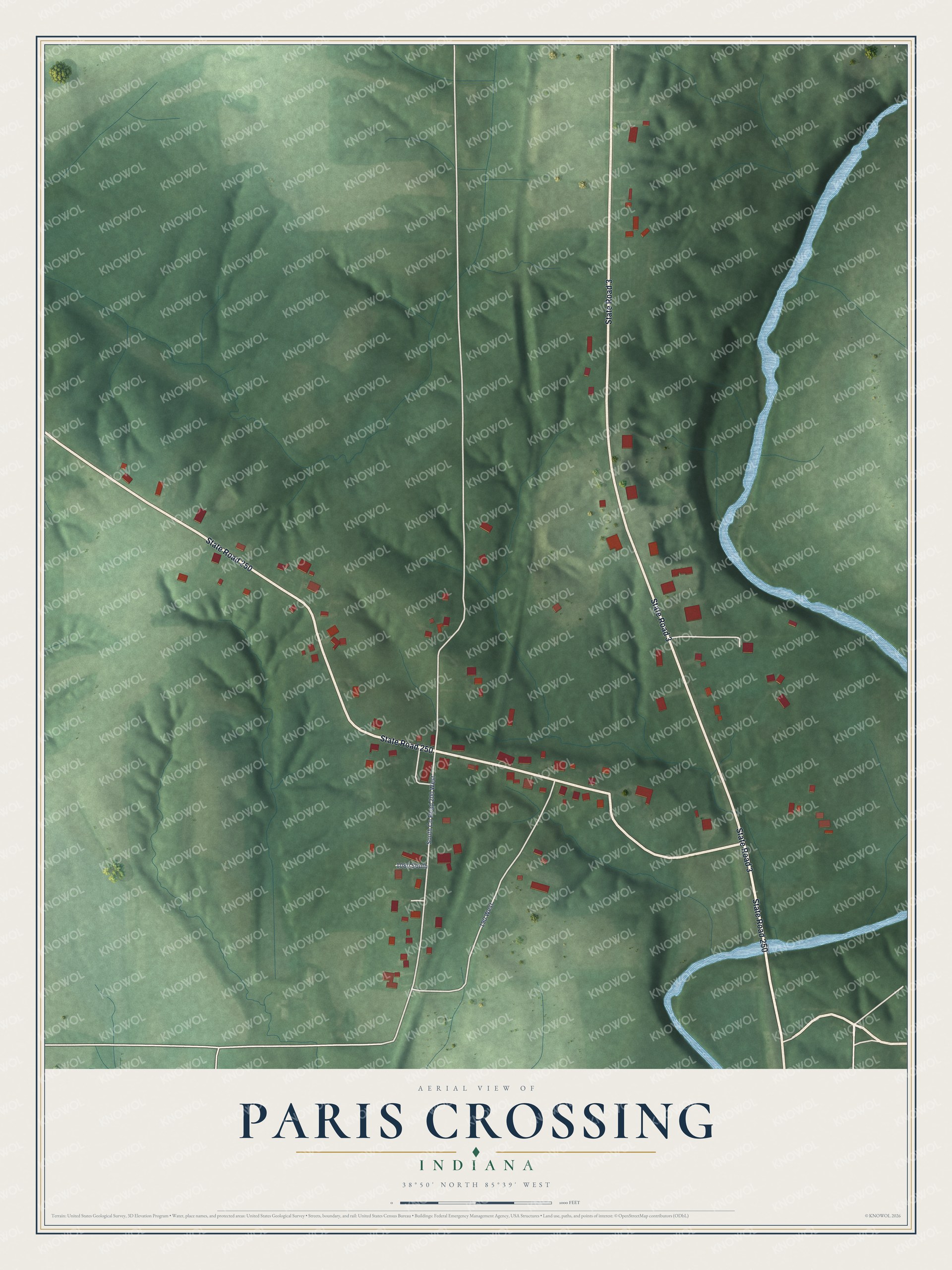 Full map of Paris Crossing, Indiana, with red buildings, printed street names and the land around them