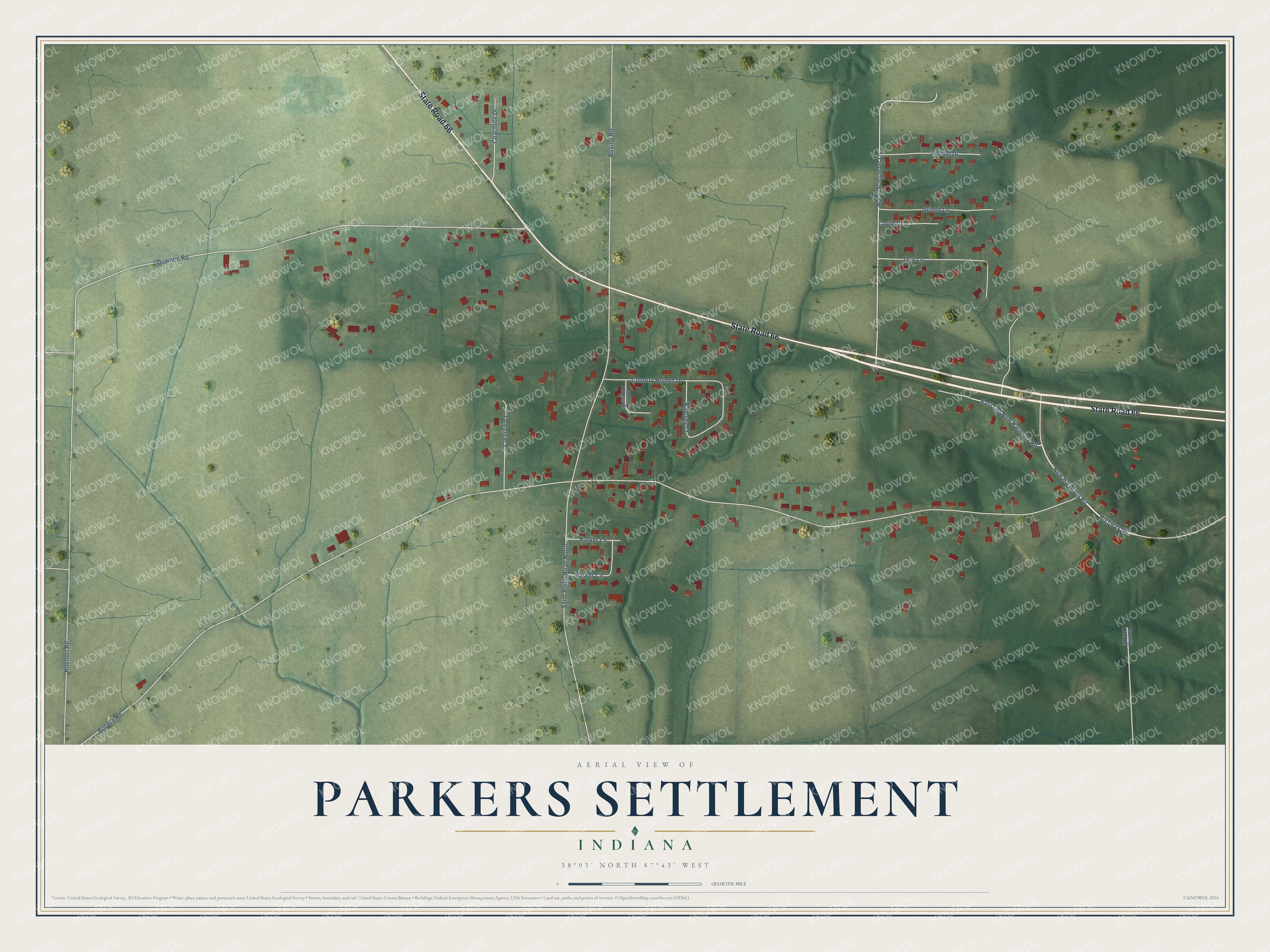 Full map of Parkers Settlement, Indiana, with red buildings, printed street names and the land around them