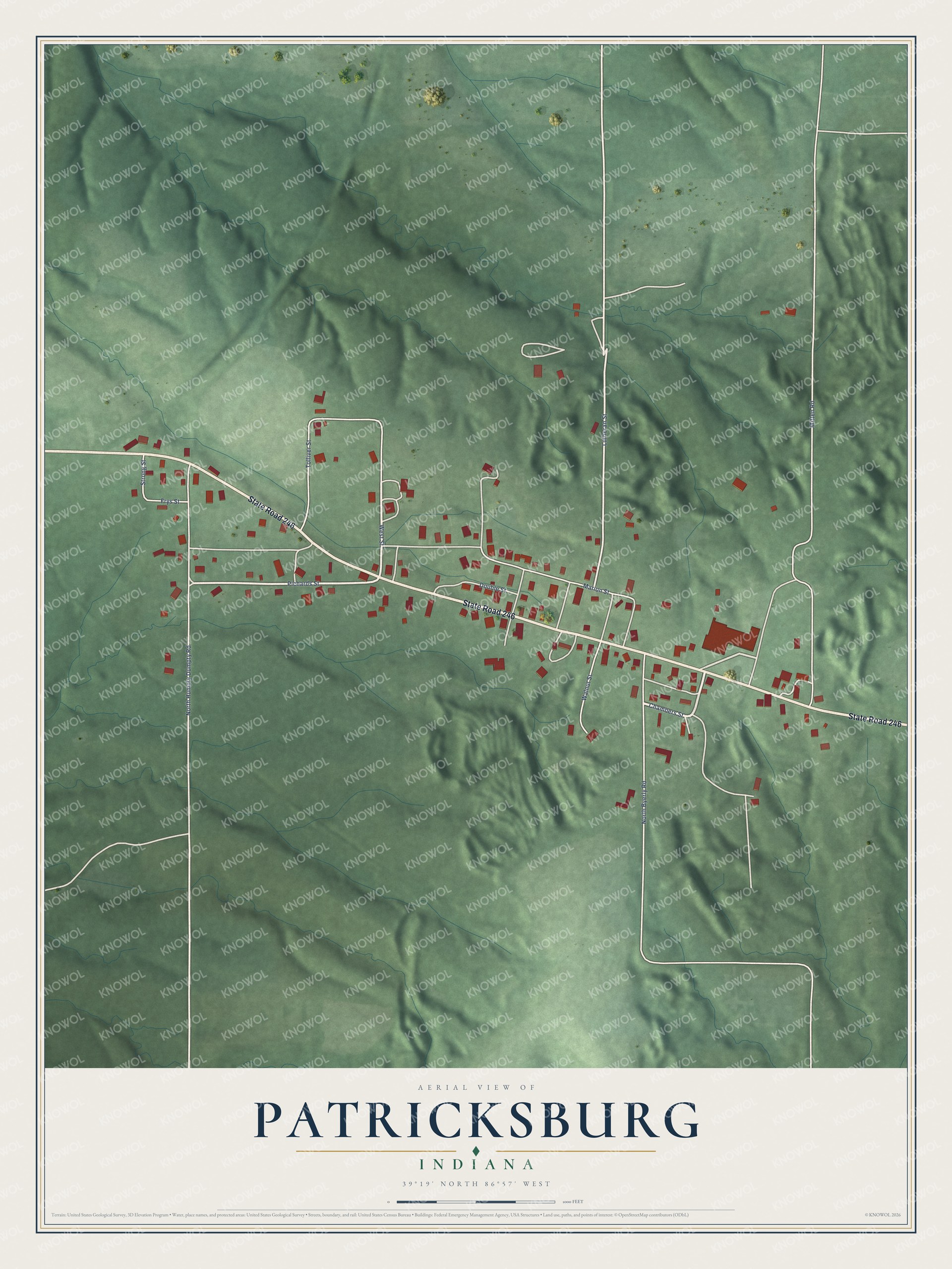 Full map of Patricksburg, Indiana, with red buildings, printed street names and the land around them