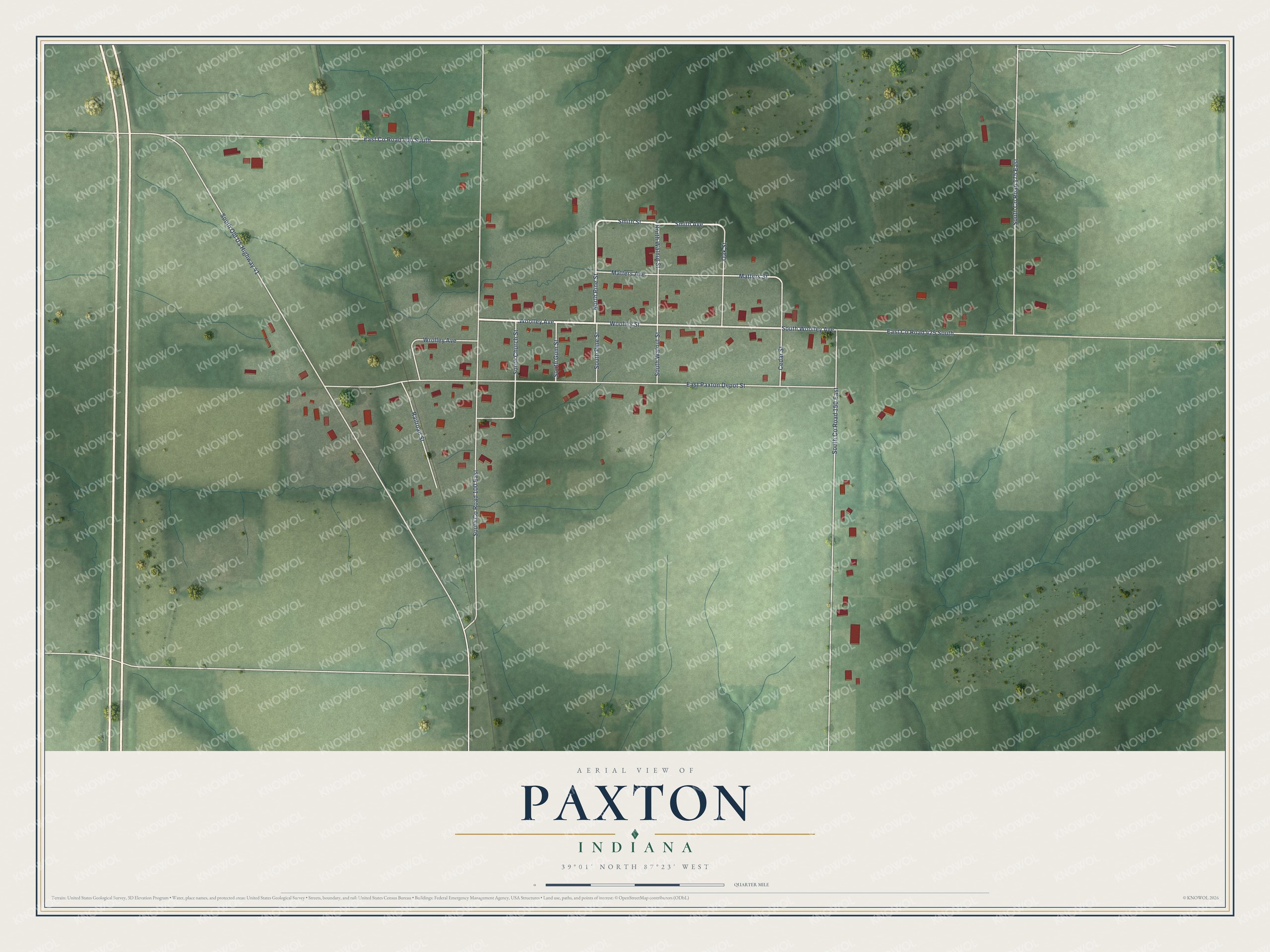 Full map of Paxton, Indiana, with red buildings, printed street names and the land around them