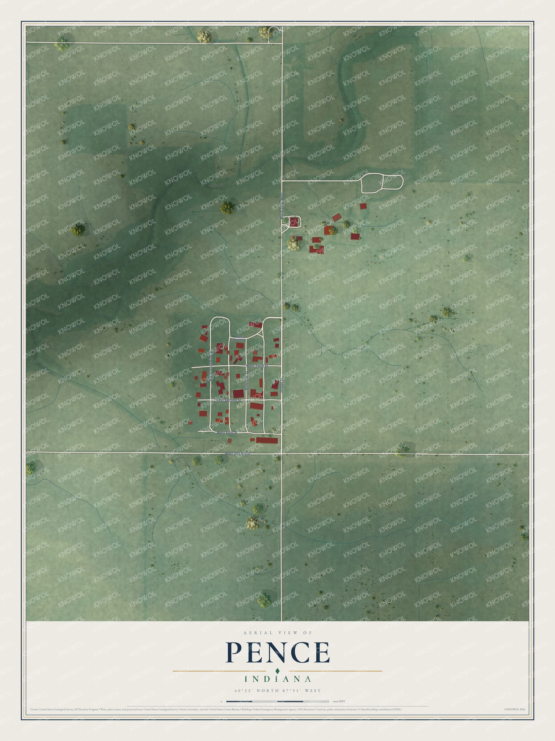 Full map of Pence, Indiana, with red buildings, printed street names and the land around them