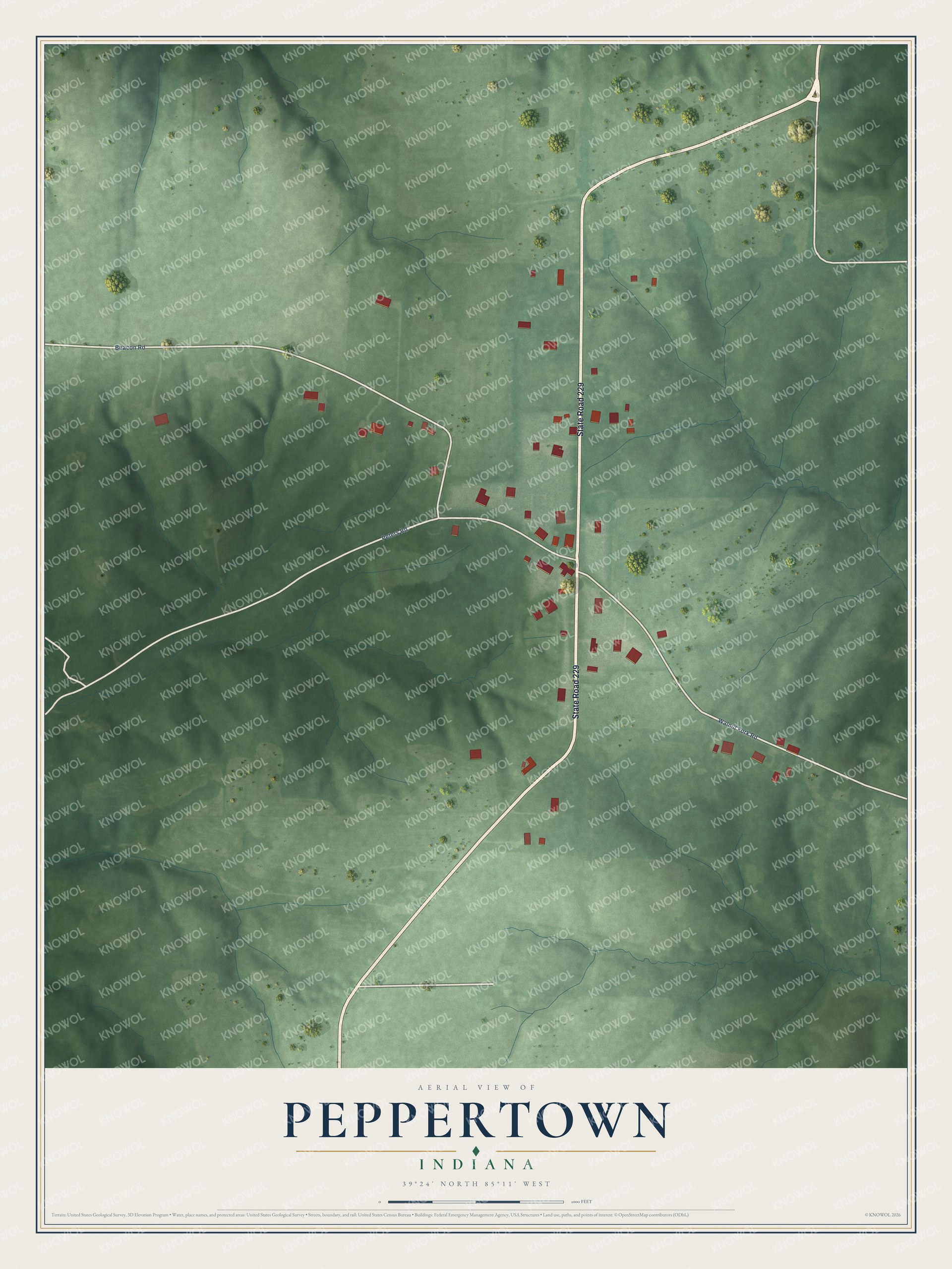 Full map of Peppertown, Indiana, with red buildings, printed street names and the land around them