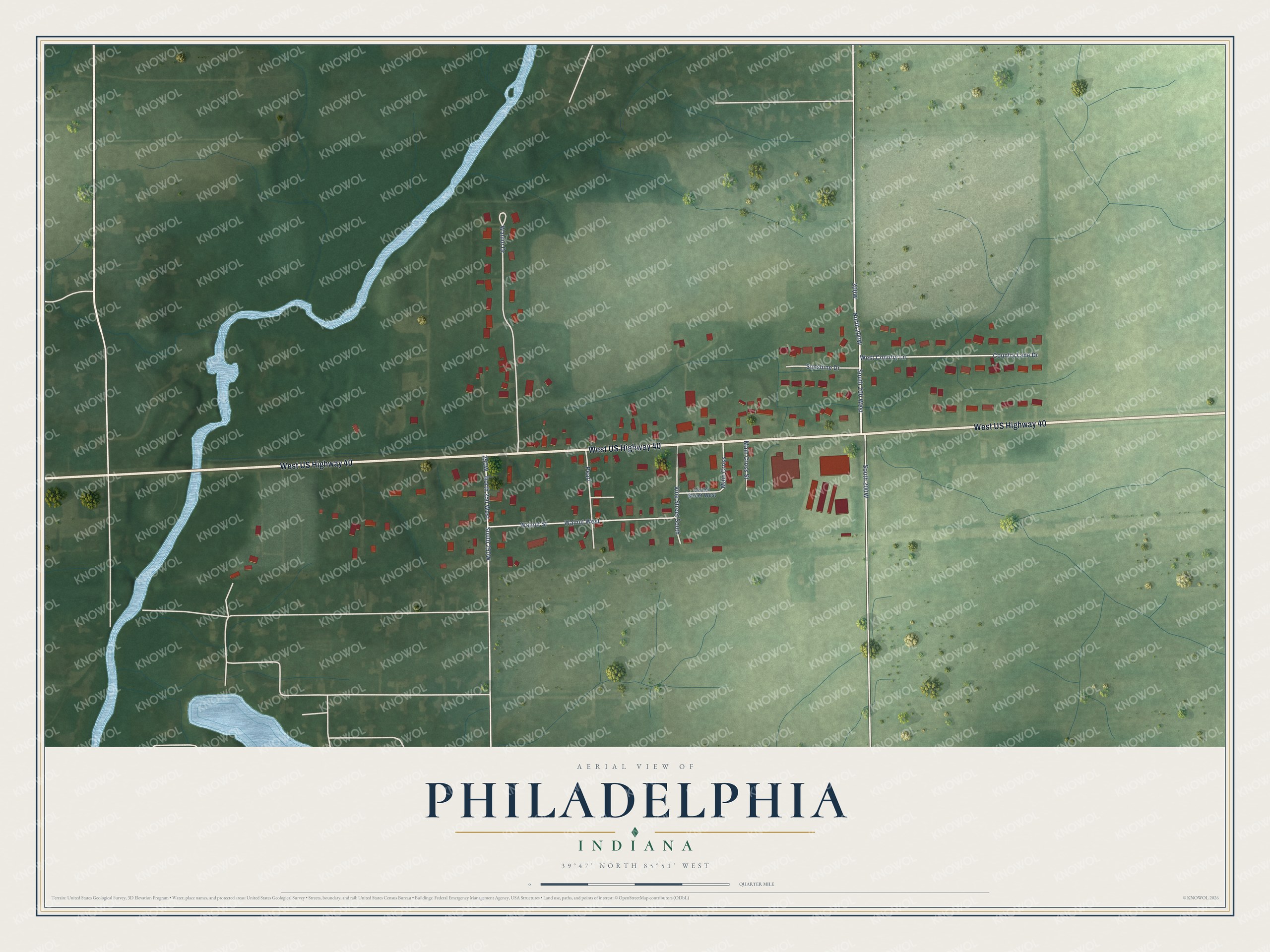 Full map of Philadelphia, Indiana, with red buildings, printed street names and the land around them