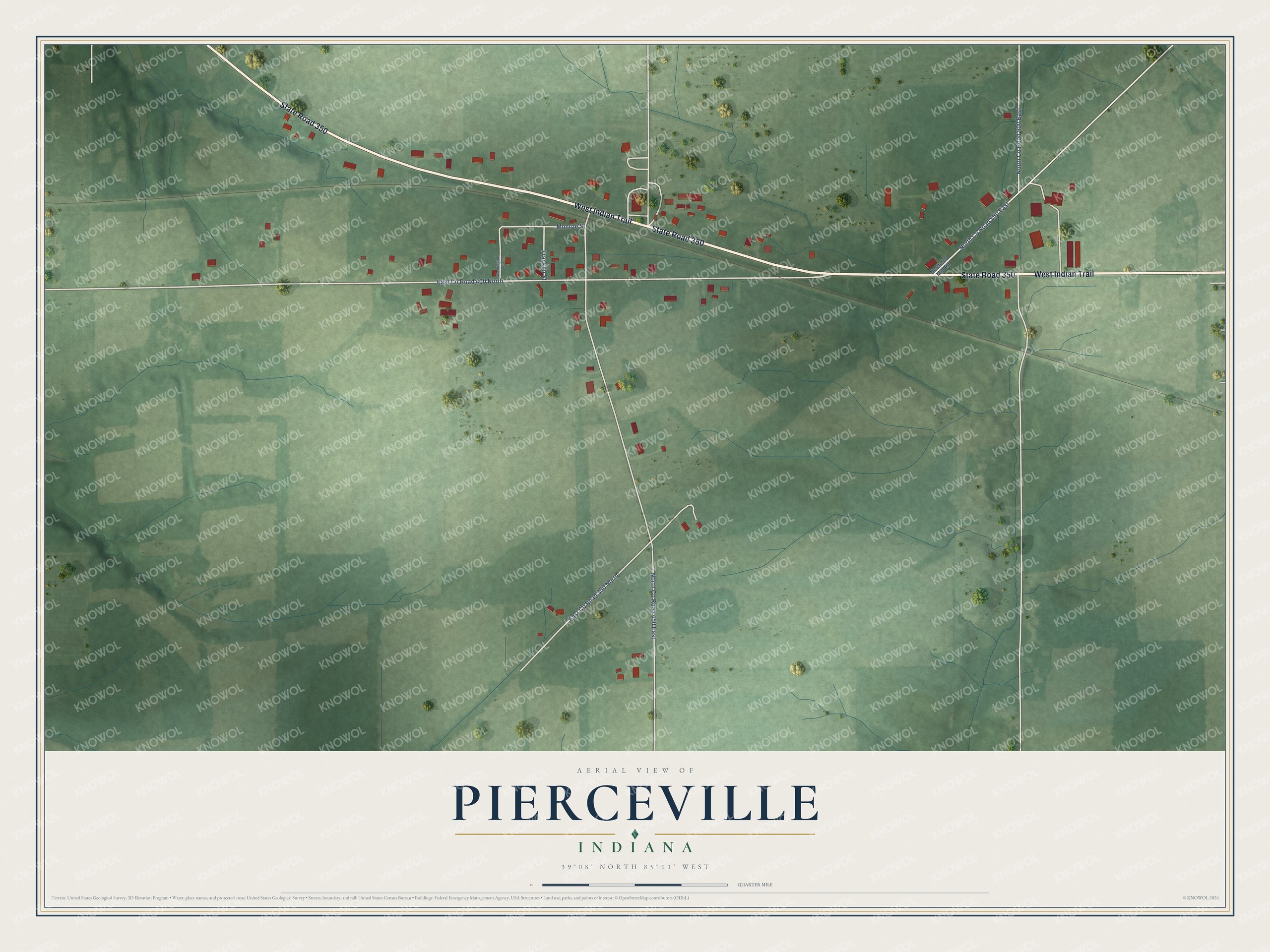 Full map of Pierceville, Indiana, with red buildings, printed street names and the land around them