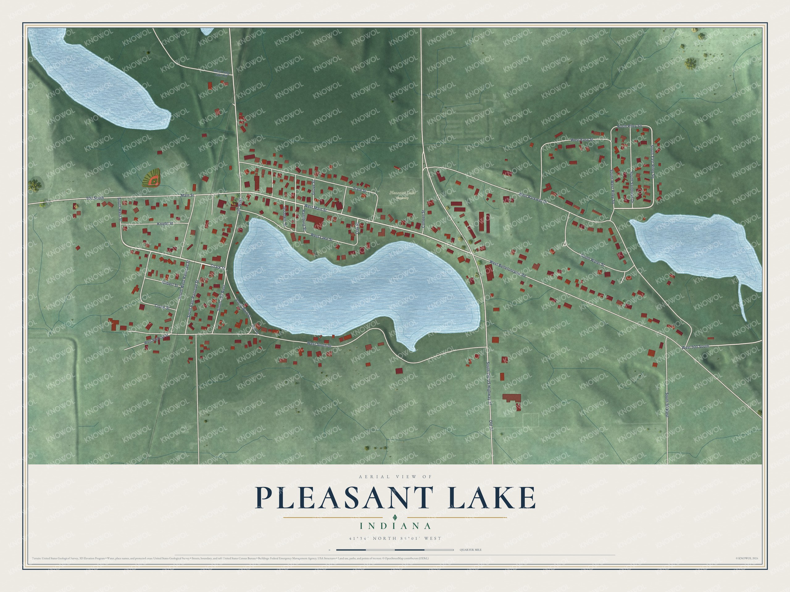 Full map of Pleasant Lake, Indiana, with red buildings, printed street names and the land around them