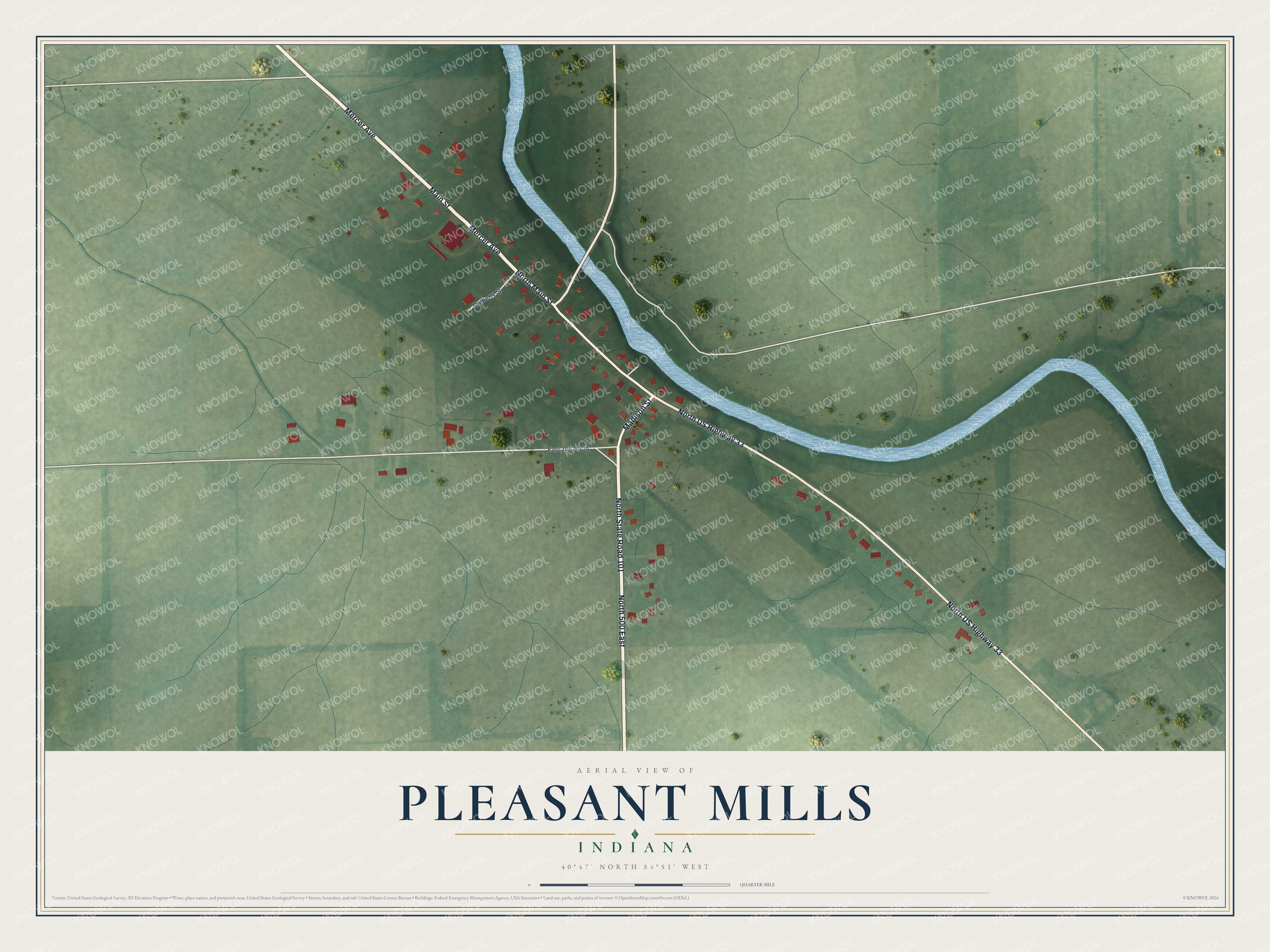 Full map of Pleasant Mills, Indiana, with red buildings, printed street names and the land around them