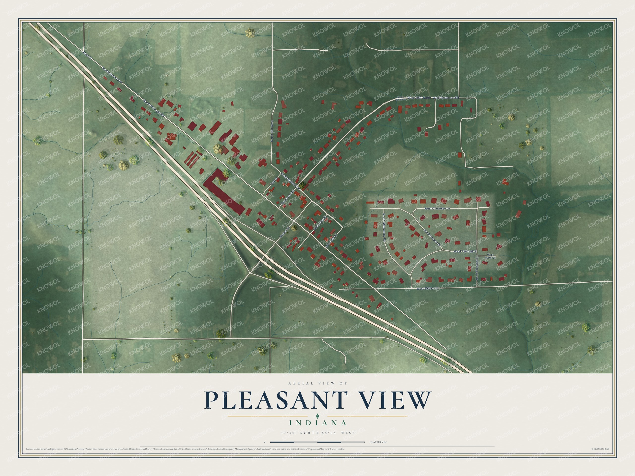 Full map of Pleasant View, Indiana, with red buildings, printed street names and the land around them