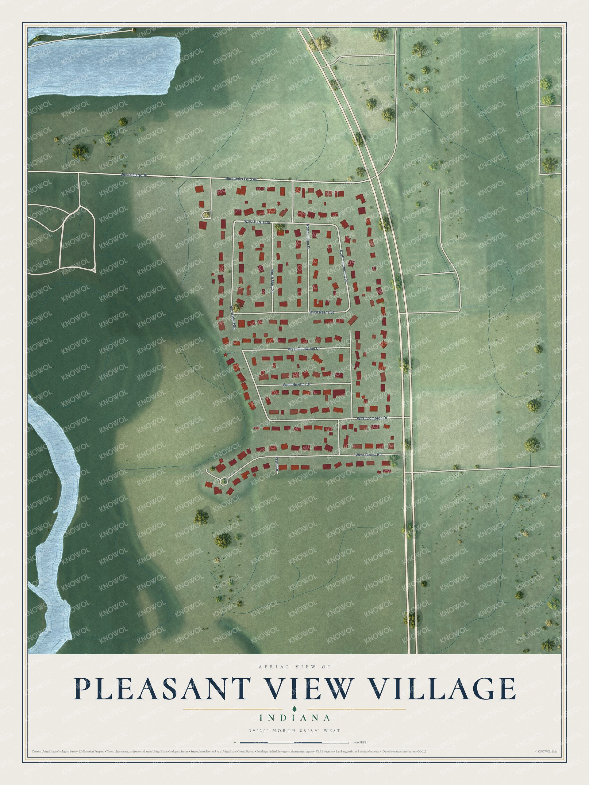 Full map of Pleasant View Village, Indiana, with red buildings, printed street names and the land around them