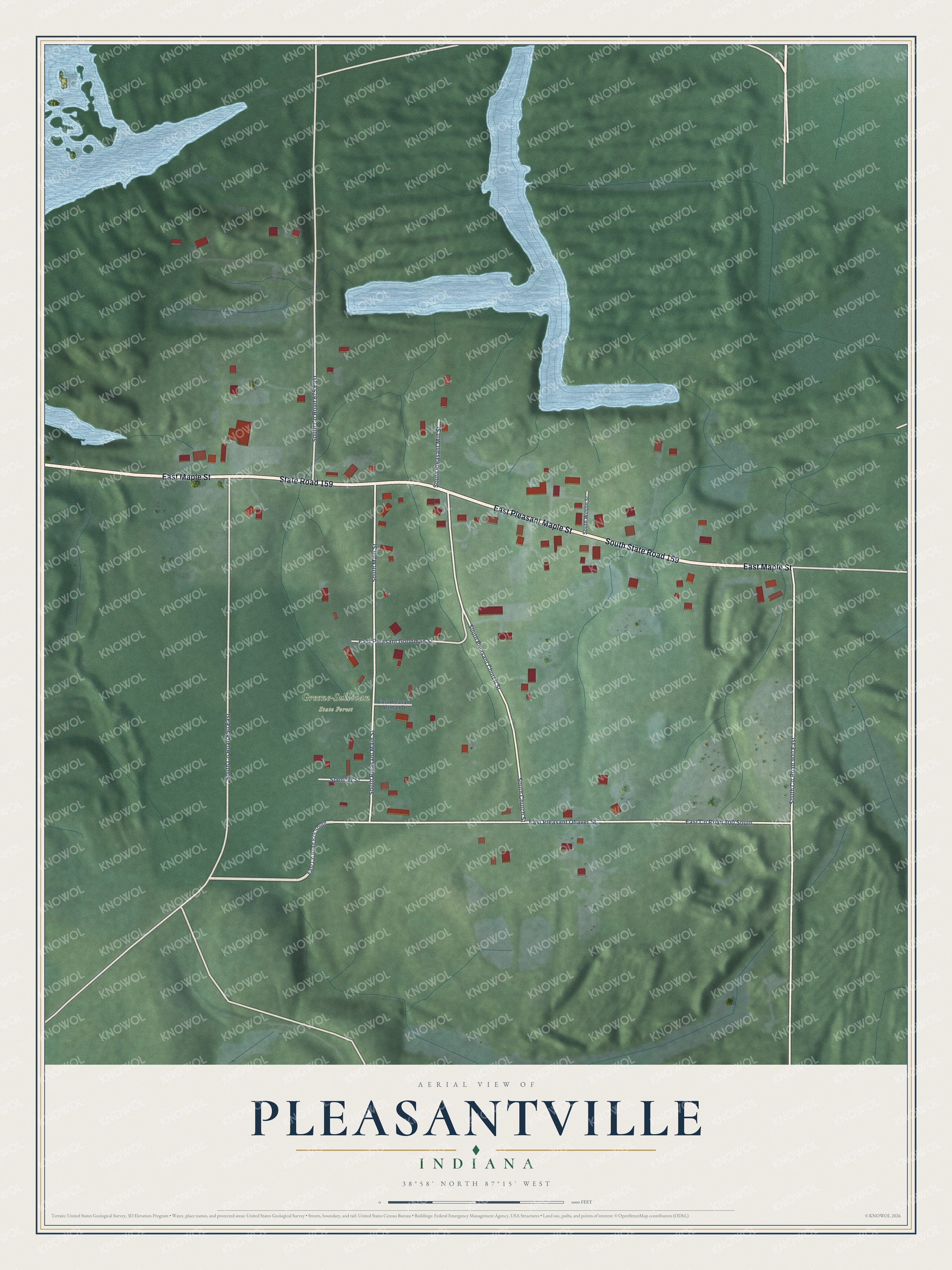 Full map of Pleasantville, Indiana, with red buildings, printed street names and the land around them